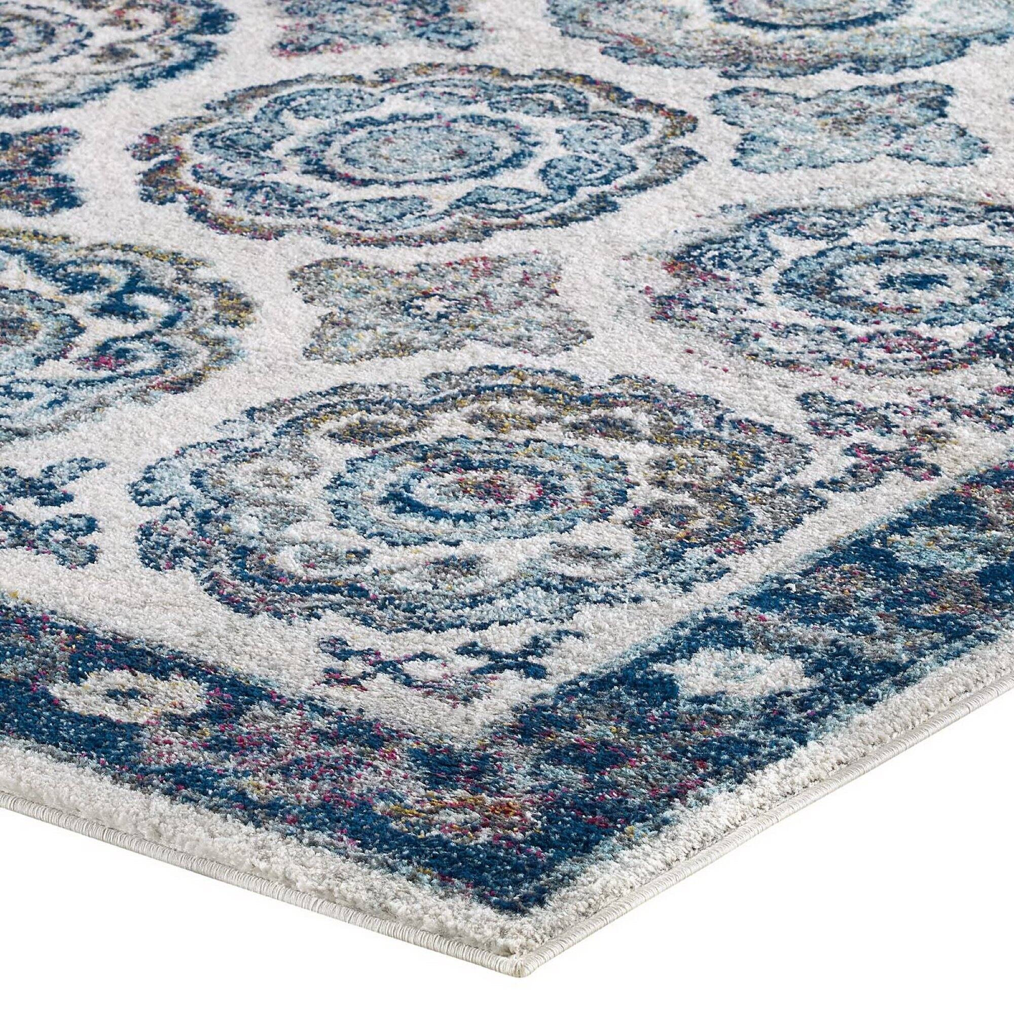 Alt View 1. Modway - Entourage Odile Distressed Floral Moroccan Trellis Area Rug - Ivory and Blue.