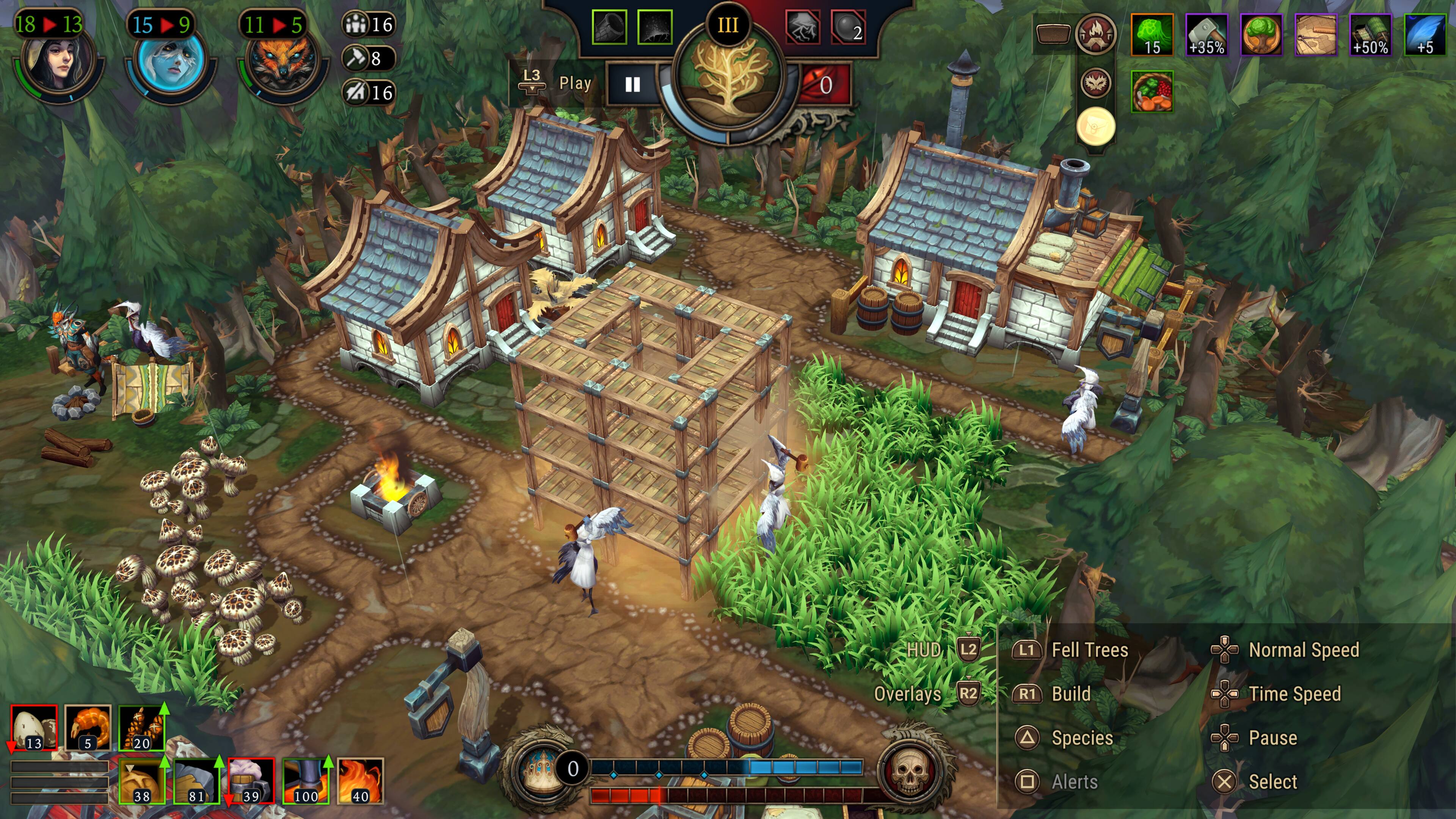 The text on the image is grouped as follows:

1. 18 13 15 9 11 5 16 1 8 16 L3 Play III 0 2 1 15 +35% +50% +5 HUD L2 L1 Fell Trees Normal Speed Overlays R2 R1 Build Time Speed
2. 13 5 20 38 81 39 1 100 40 0 Species Alerts Pause X Select