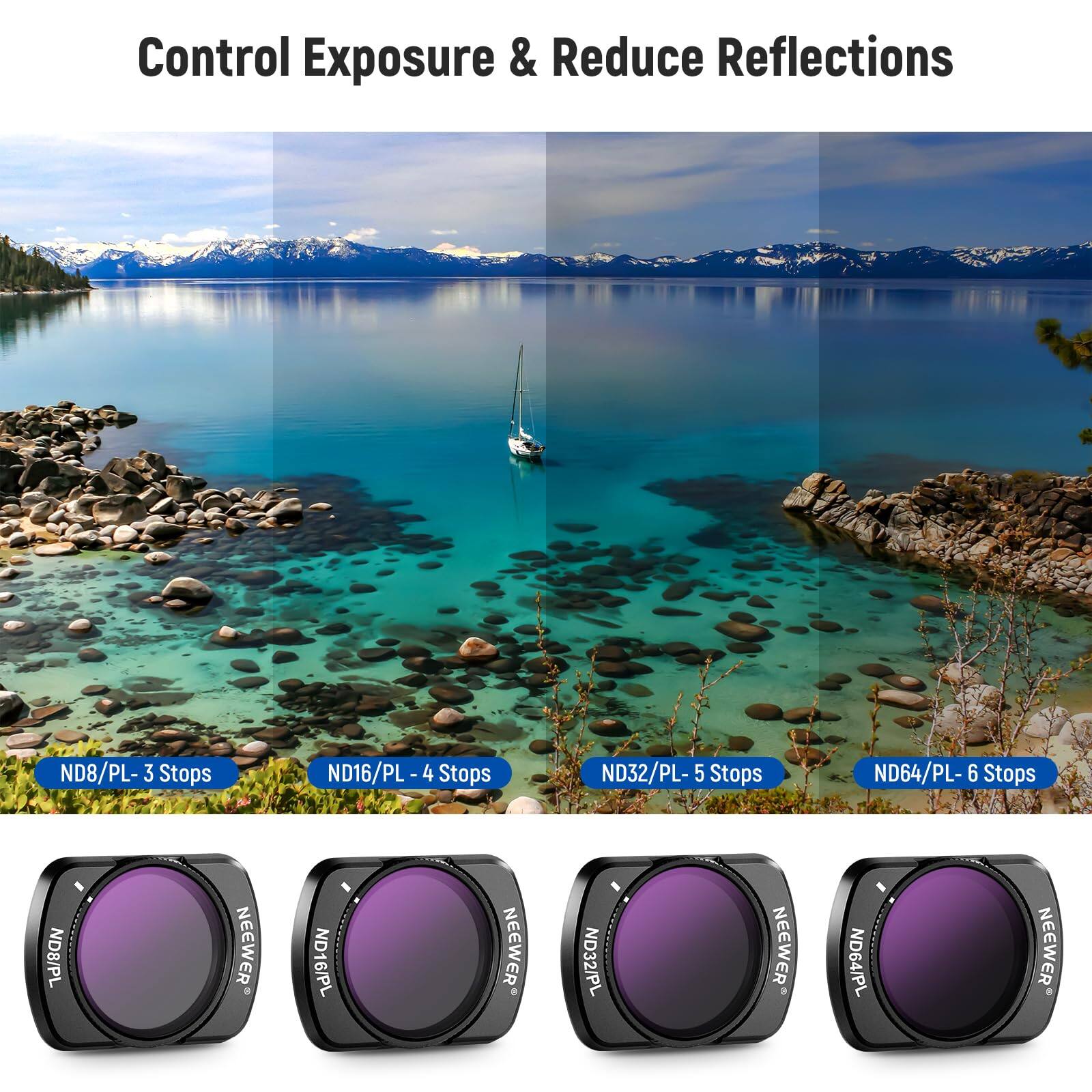 Control Exposure & Reduce Reflections

ND8/PL - 3 Stops  
ND16/PL - 4 Stops  
ND32/PL - 5 Stops  
ND64/PL - 6 Stops  

NEEWER ND8/PL  
NEEWER ND16/PL  
NEEWER ND32/PL  
NEEWER ND64/PL