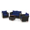 Front. Costway - 4 PCS Wicker Patio Furniture Set with Removable Cushions Storage Coffee Table - Navy,Black.
