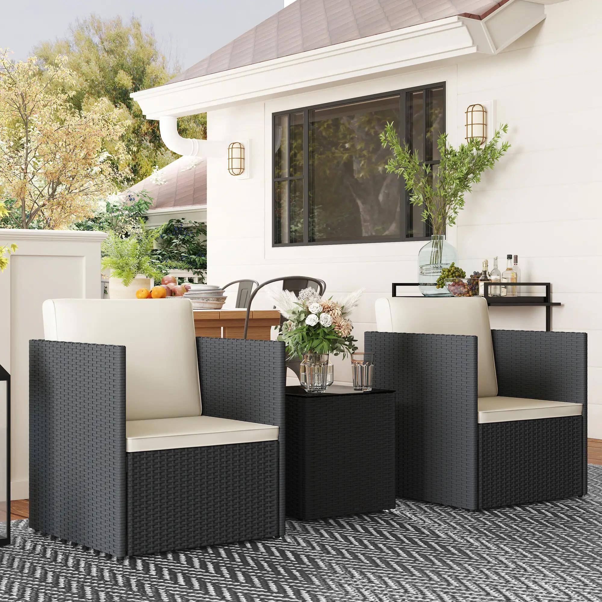Back. Resenkos - Resenkos Folding Wicker Bistro Set, Cushions and Glass Coffee Table for Porch, Balcony, Black - Black.
