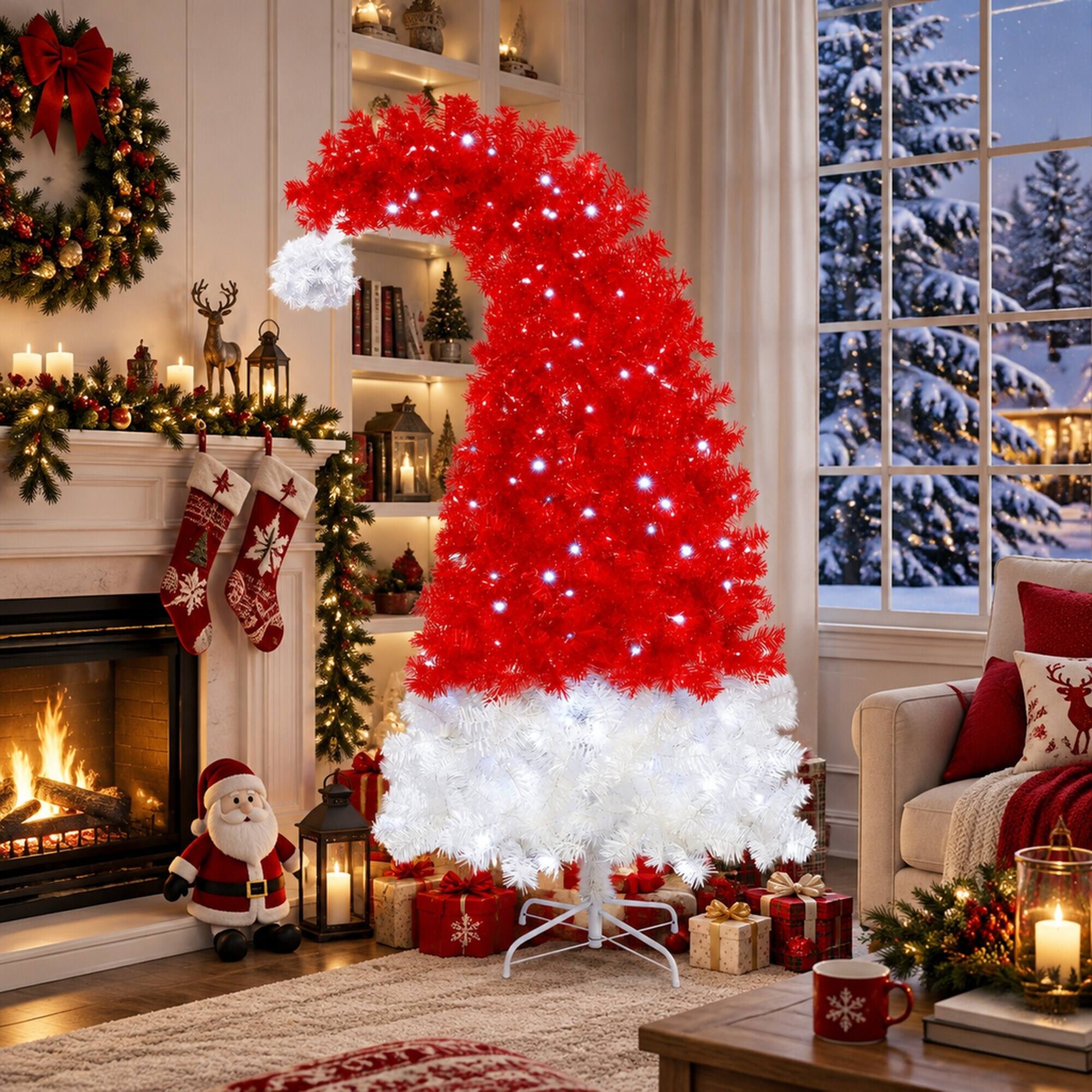Left. RYHNUYNE - 6FT Whimsical Santa Hat Christmas Tree, 1050 Curved Branch Tips LED Lights Artificial Xmas Tree Holiday Decor - Red,White.