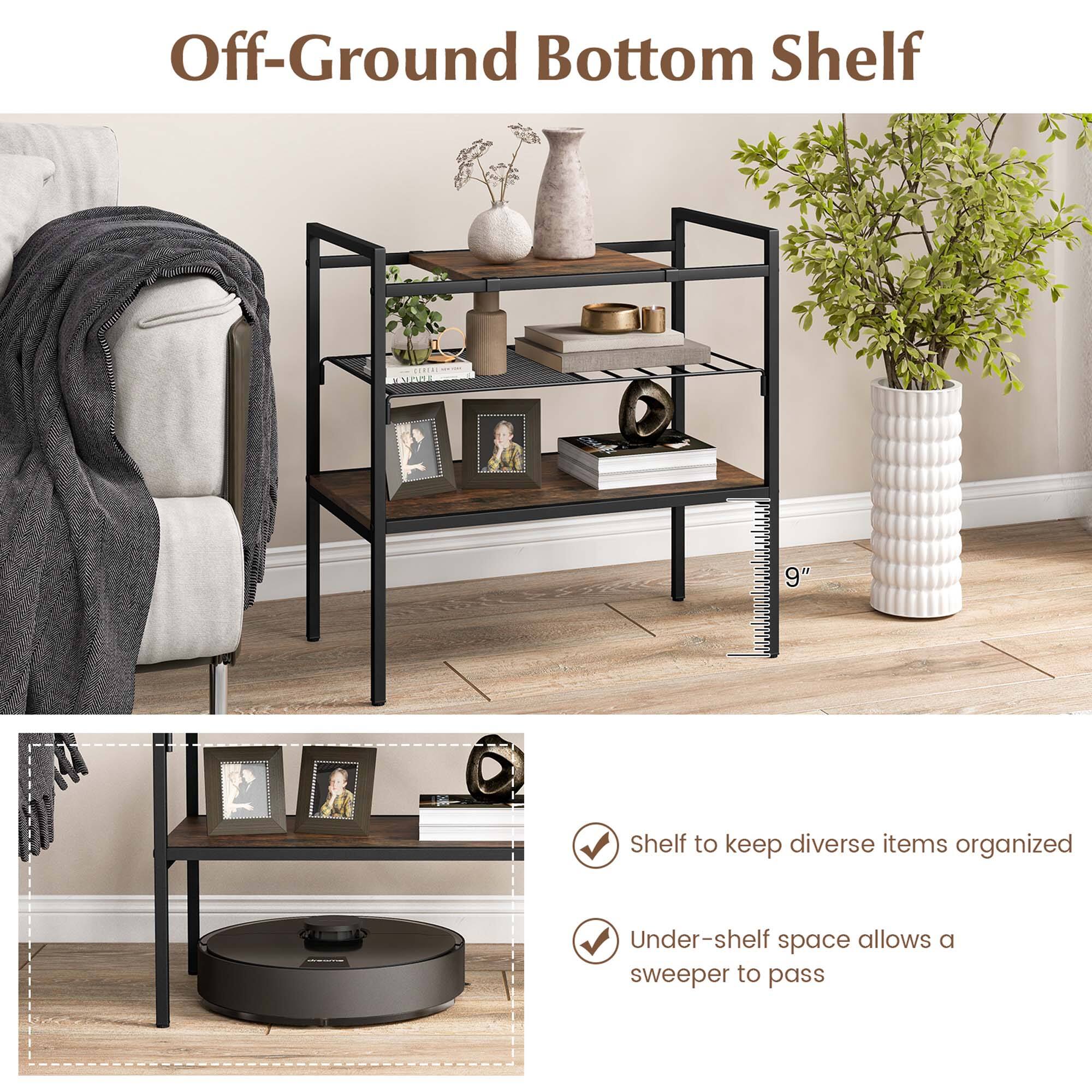 Off-Ground Bottom Shelf 9" Shelf to keep diverse items organized Under-shelf space allows a sweeper to pass