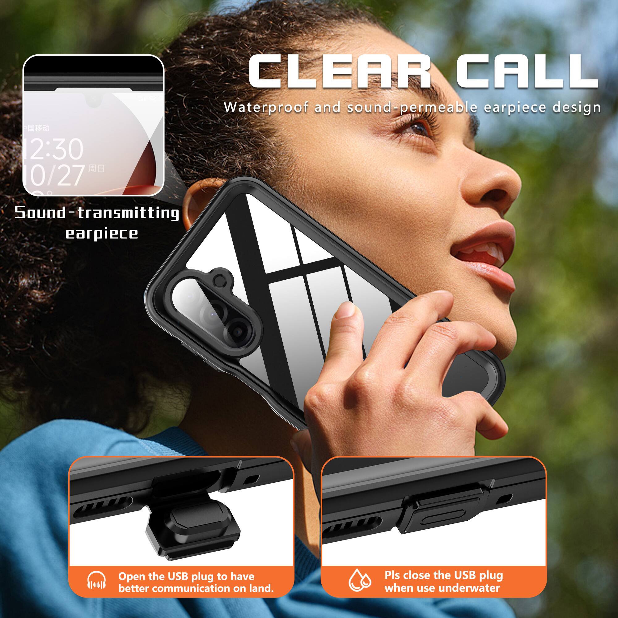 CLEAR CALL  
Waterproof and sound-permeable earpiece design

Sound-transmitting earpiece

Open the USB plug to have better communication on land.

Pls close the USB plug when use underwater