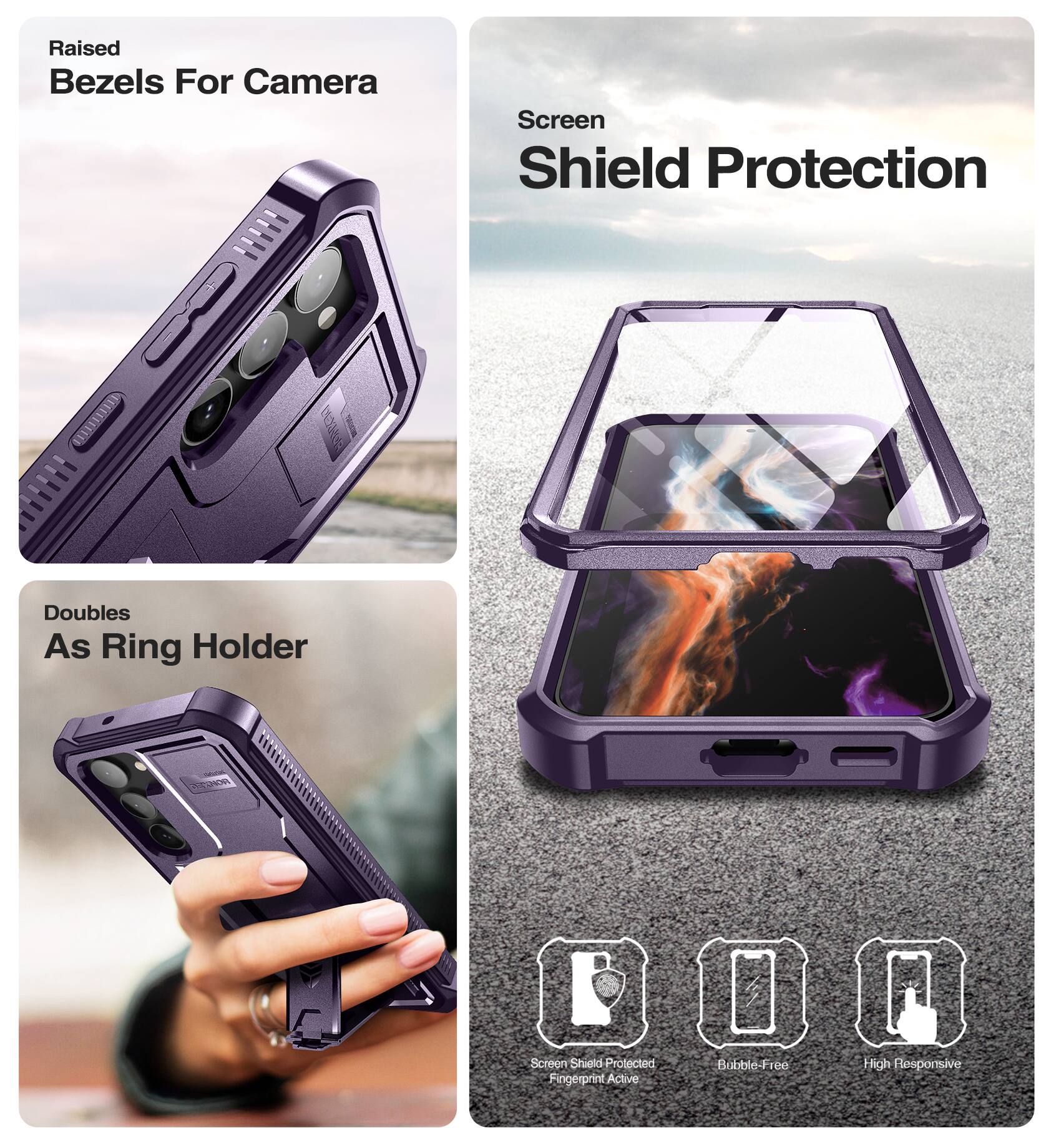 Raised Bezels For Camera, Screen Shield Protection, Doubles As Ring Holder, Screen Shield Protected, Fingerprint Active, Bubble-Free, High Responsive