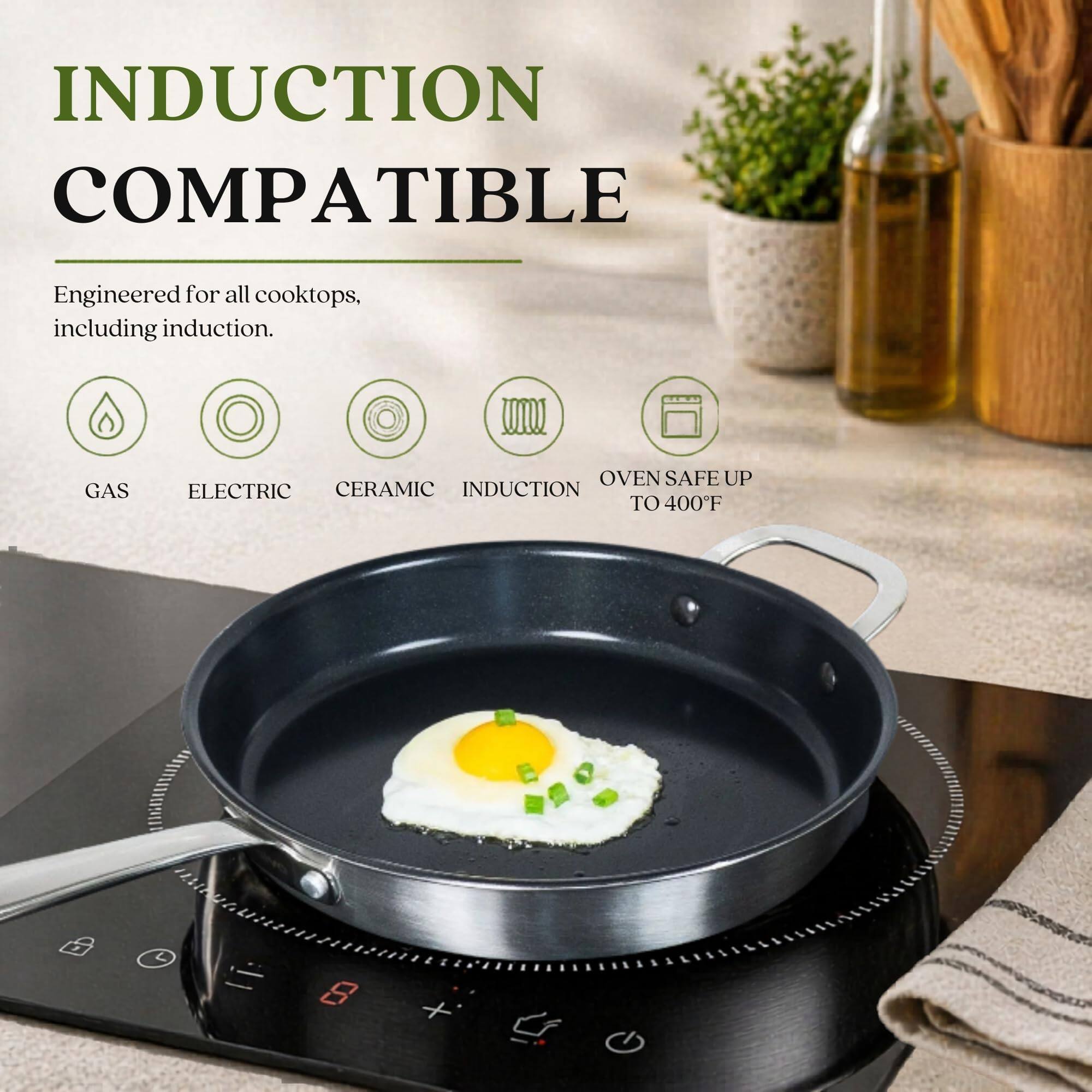 INDUCTION COMPATIBLE  
Engineered for all cooktops, including induction.  

GAS  
ELECTRIC  
CERAMIC  
INDUCTION  

OVEN SAFE UP TO 400°F