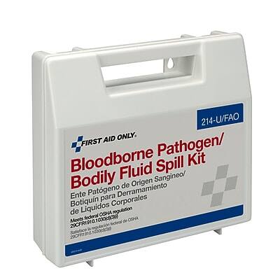 214-U/FAO

FIRST AID ONLY

Bloodborne Pathogen/Bodily Fluid Spill Kit
Ente Patógeno de Origen Sangíneo/Botiquín para Derramamiento de Líquidos Corporales

Meets OSHA regulation 29 CFR 1910.1030

29 CFR 1910.1030

Manufactured in China
Made in China

MOCF191010300001
© 2019