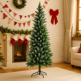 BreeBe - Artificial Pencil Tree with Pine Cone Accents – 5/6/7.5 FT Christmas Decor - Green