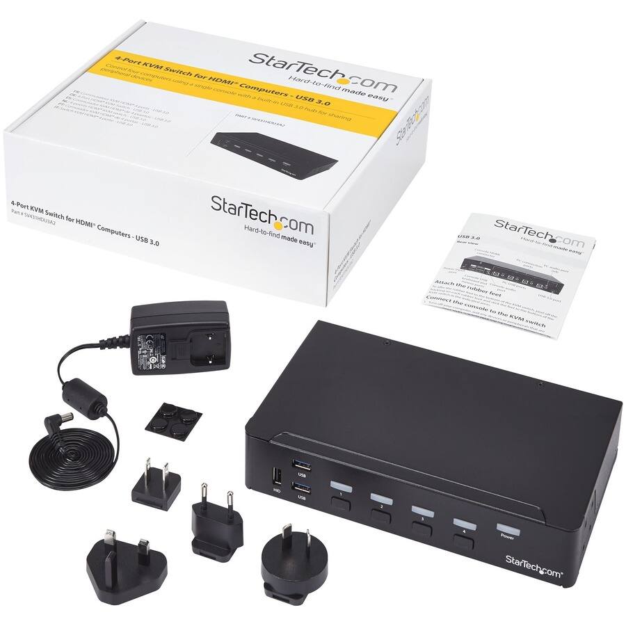 Control 4-Port KVM StarTech peripheral four Switch devices computers for using a single HDMI Hard-to-find com console with Computers L built-in USB made easy USB 3.0 3.0 hub for PART sharing SV431NDU3A2

4-Port Part KVM SV431HDU3A2 Switch for HDMI Computers USB3.

StarTechcom Hard-to-find com made easy

USB 3.0 StarTechcom made easy

Attach the rubber feet

Connect the console to the KVM switch

HD

USA

2

Power StarTechcom