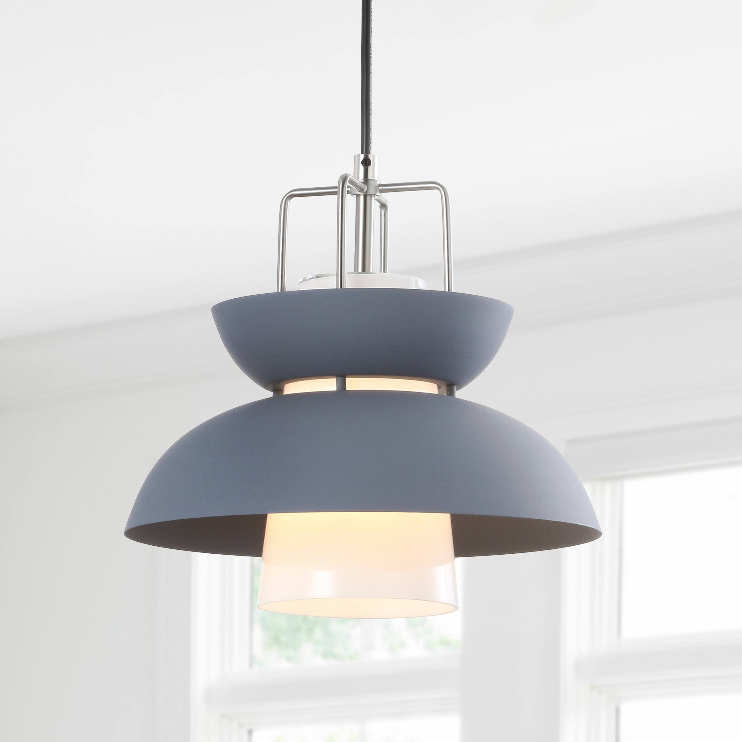 Alt View 1. Jonathan Y - Paul 11" Farmhouse Metal LED Pendant, Gray - Gray.