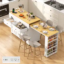Espafurni - 80"-48" Extendable Kitchen Island with Dining Table & Power Outlet,Drawers,Shelves, Mobile Rolling Cart - White