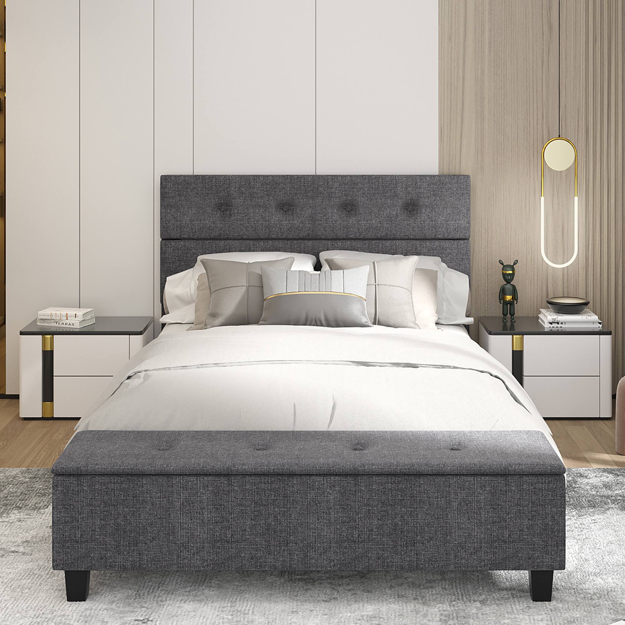 Alt View 4. Costway - Costway Full Upholstered Bed Frame with Ottoman Storage Linen Button Tufted Headboard - Gray.