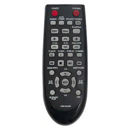 - POWER
- SOURCE
- AUTO POWER
- REPEAT
- TV VOL
- TV CH
- TV MUTE
- TV INFO
- TV PRE-CH
- TV DIMMER
- SOUND EFFECT
- VOL
- S/W LEVEL
- MUTE
- S/W LEVEL
- 3D SOUND PLUS
- VOL
- DRC
- TV POWER
- SPEAKER
- TV SOURCE
- SoundShare
- Ahynet*
- AUDIO SYNC
- SMART VOLUME
- AH59-02545A