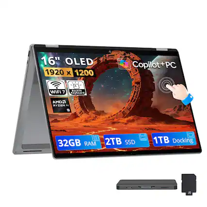 16" OLED 1920 x 1200 Copilot+PC
WiFi 7
Backlit Keyboard
AMD Ryzen AI 9
32GB RAM
2TB SSD
1TB Docking
