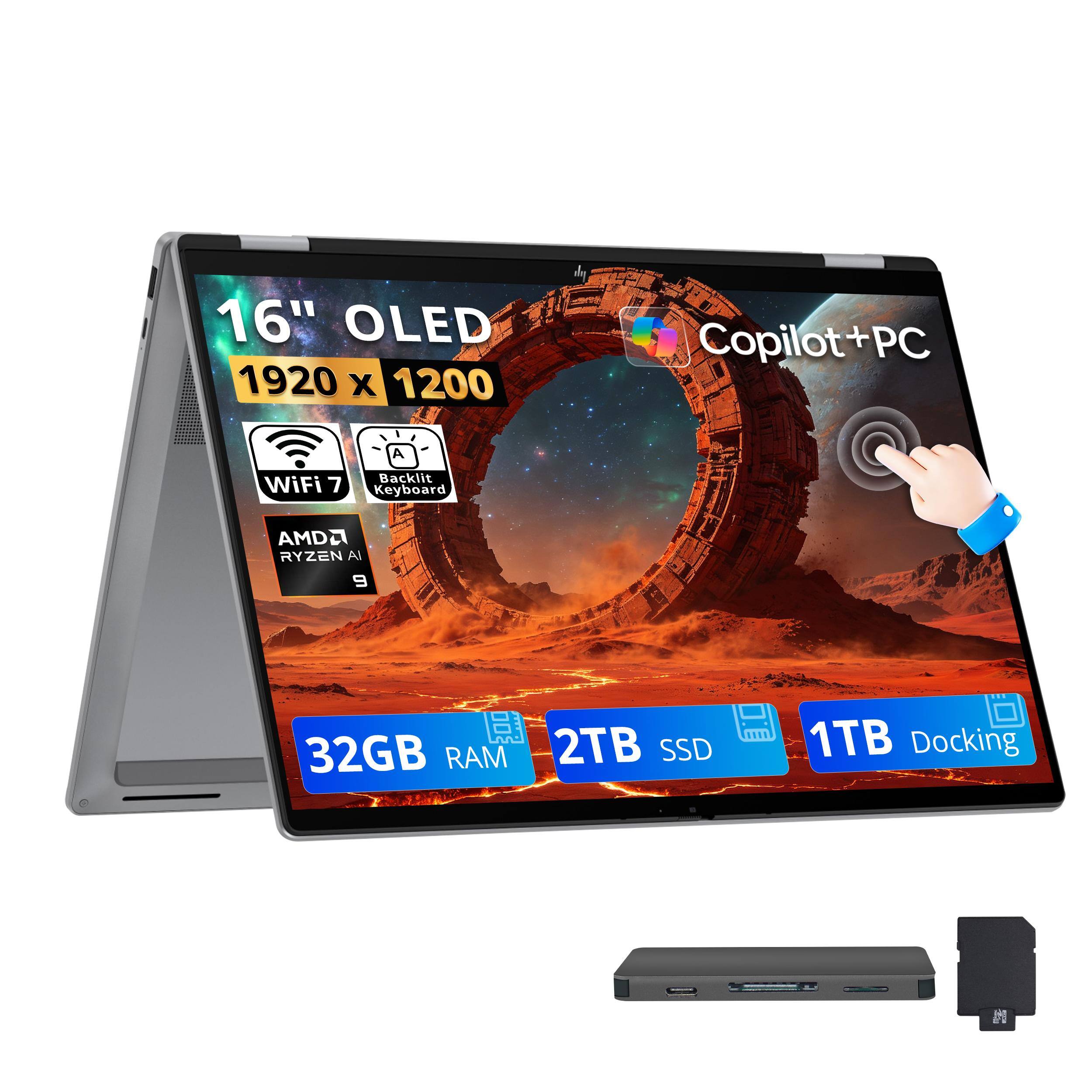 HP - Upgraded - OmniBook X Flip 2-in-1 16" FHD+ Touch AI Laptop,Ryzen AI 9 465,32GB RAM,2TB SSD+1TB Dock Set,Backlit,Win 11 - Silver