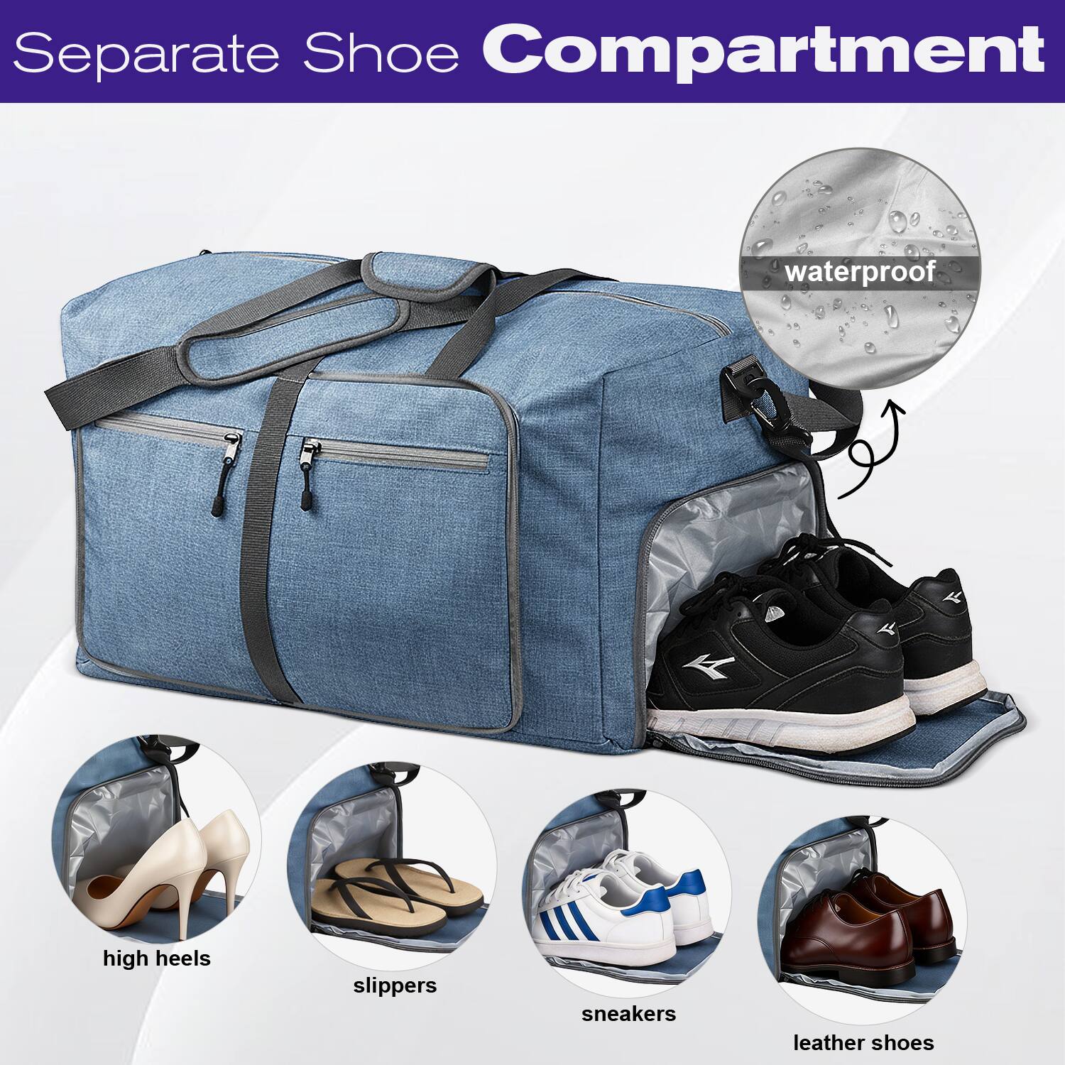 Separate Shoe Compartment

- Waterproof
- High heels
- Slippers
- Sneakers
- Leather shoes