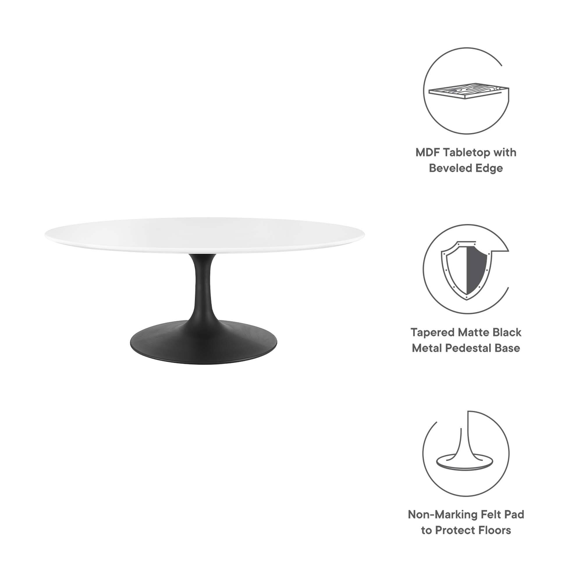 MDF Tabletop with Beveled Edge  
Tapered Matte Black Metal Pedestal Base  
Non-Marking Felt Pad to Protect Floors