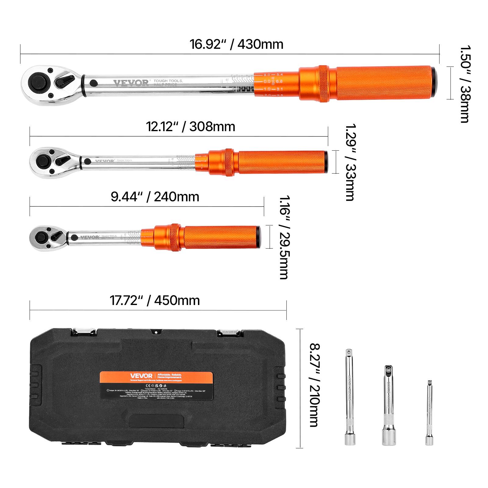 16.92" / 430mm  
12.12" / 308mm  
9.44" / 240mm  
17.72" / 450mm  

1.50" / 38mm  
1.29" / 33mm  
1.16" / 29.5mm  

8.27" / 210mm  

VEVOR  
TOUGH TOOLS  
MADE IN CHINA  

CE  
EAC