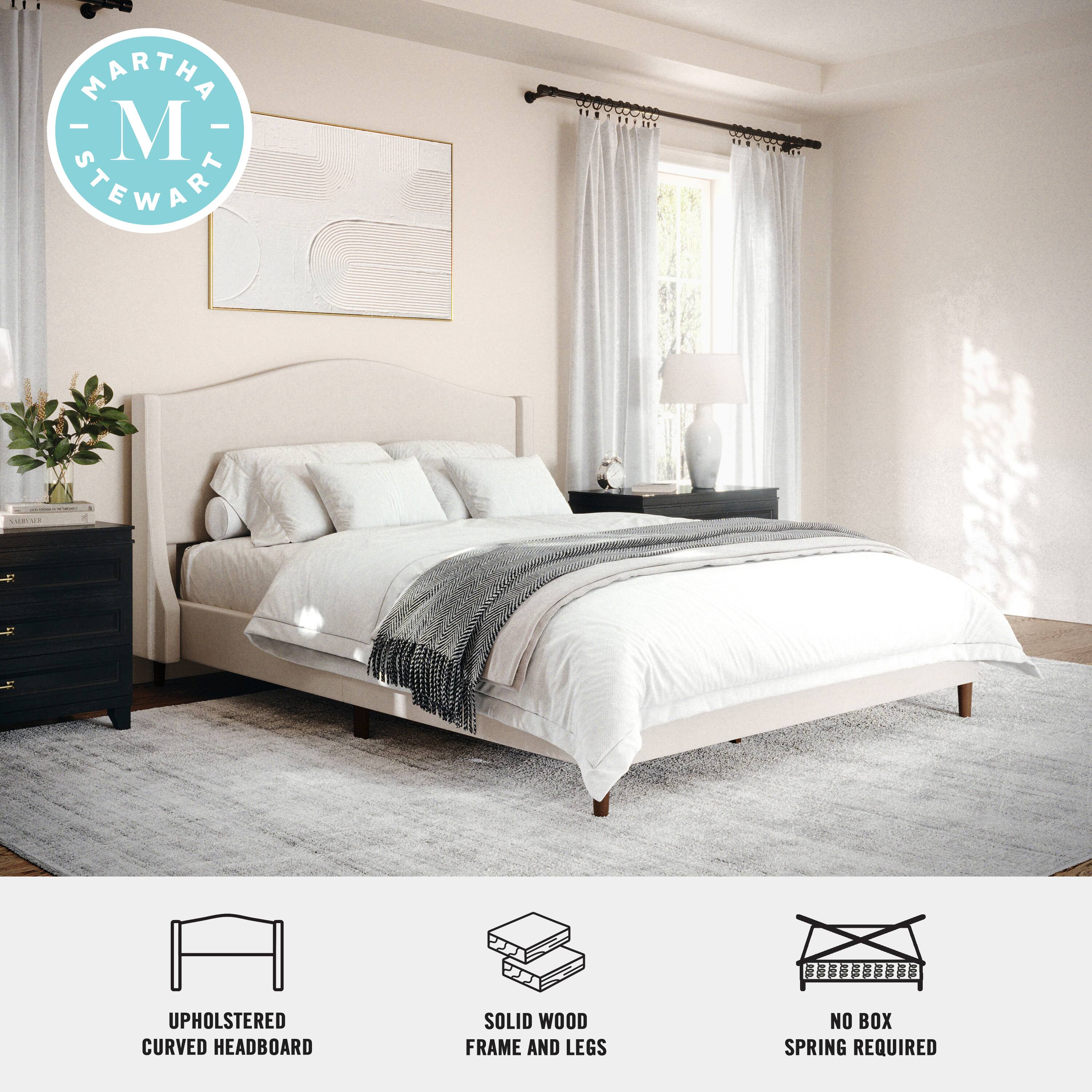 Martha Stewart Co. Upholstered curved headboard, solid wood frame and legs, no box spring required.