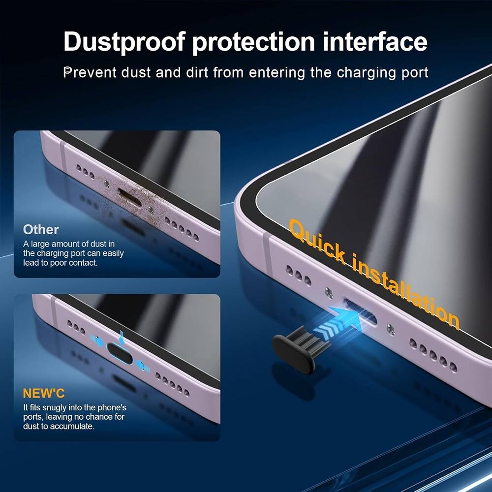 Dustproof protection interface  
Prevent dust and dirt from entering the charging port  

Other  
A large amount of dust in the charging port can easily lead to poor contact.  

NEW'C  
It fits snugly into the phone's ports, leaving no chance for dust to accumulate.  

Quick installation