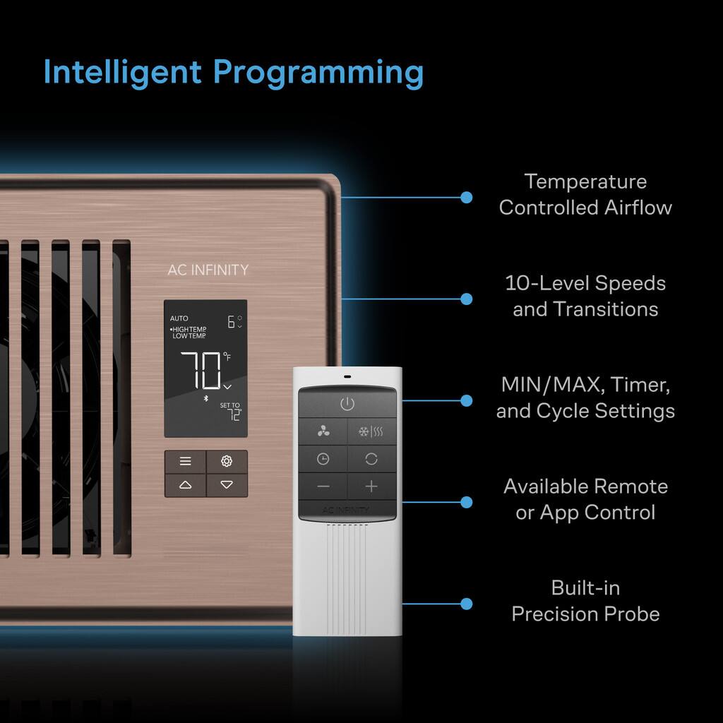 Intelligent Programming  
Temperature Controlled Airflow  
AC INFINITY  
AUTO  
HIGH TEMP LOW TEMP  
70 4  
SET TO 12  
10-Level Speeds and Transitions  
MIN/MAX, Timer, and Cycle Settings  
A + AC INFINITY  
Available Remote or App Control  
Built-in Precision Probe