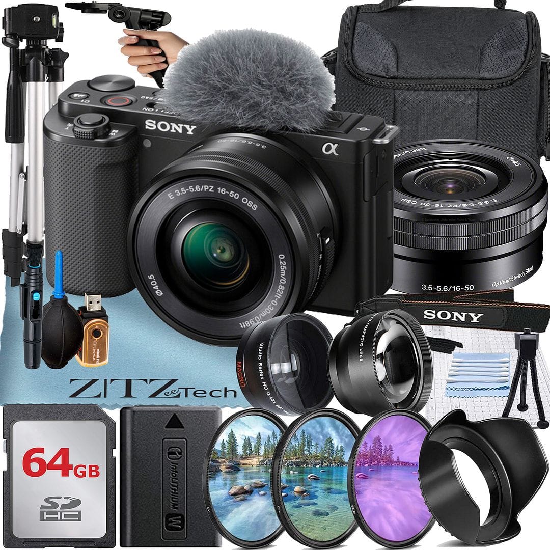 Sony - ZV-E10 Mirrorless Camera with 16-50 Lens + 64GB Card + ZeeTech Bundle (International Version) - Black
