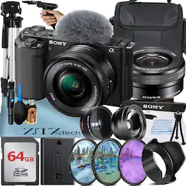 Sony - ZV-E10 Mirrorless Camera with 16-50 Lens + 64GB Card + Tripod + ZeeTech Bundle (International Version) - Black
