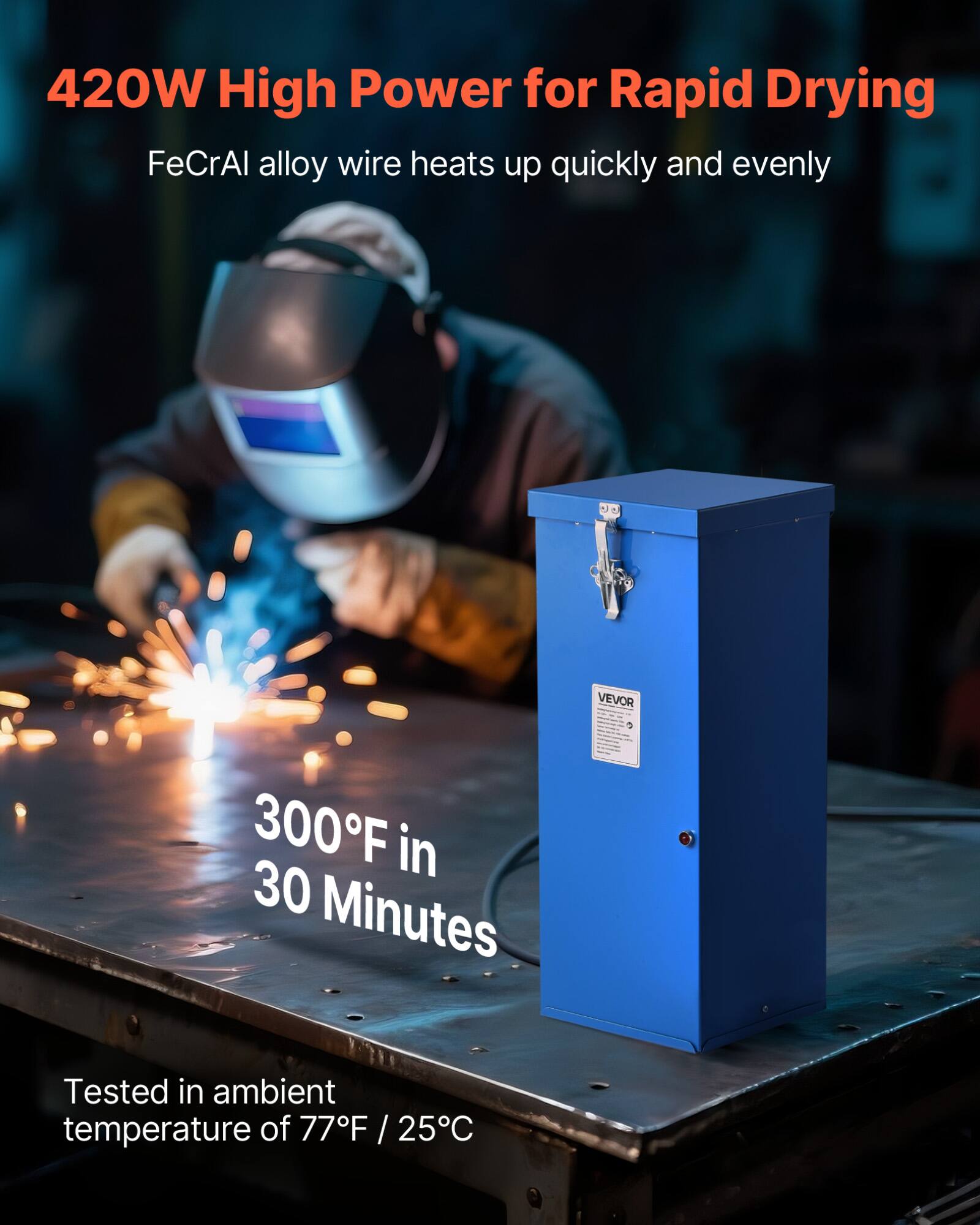 420W High Power for Rapid Drying  
FeCrAl alloy wire heats up quickly and evenly  

300°F in 30 Minutes  

Tested in ambient temperature of 77°F / 25°C