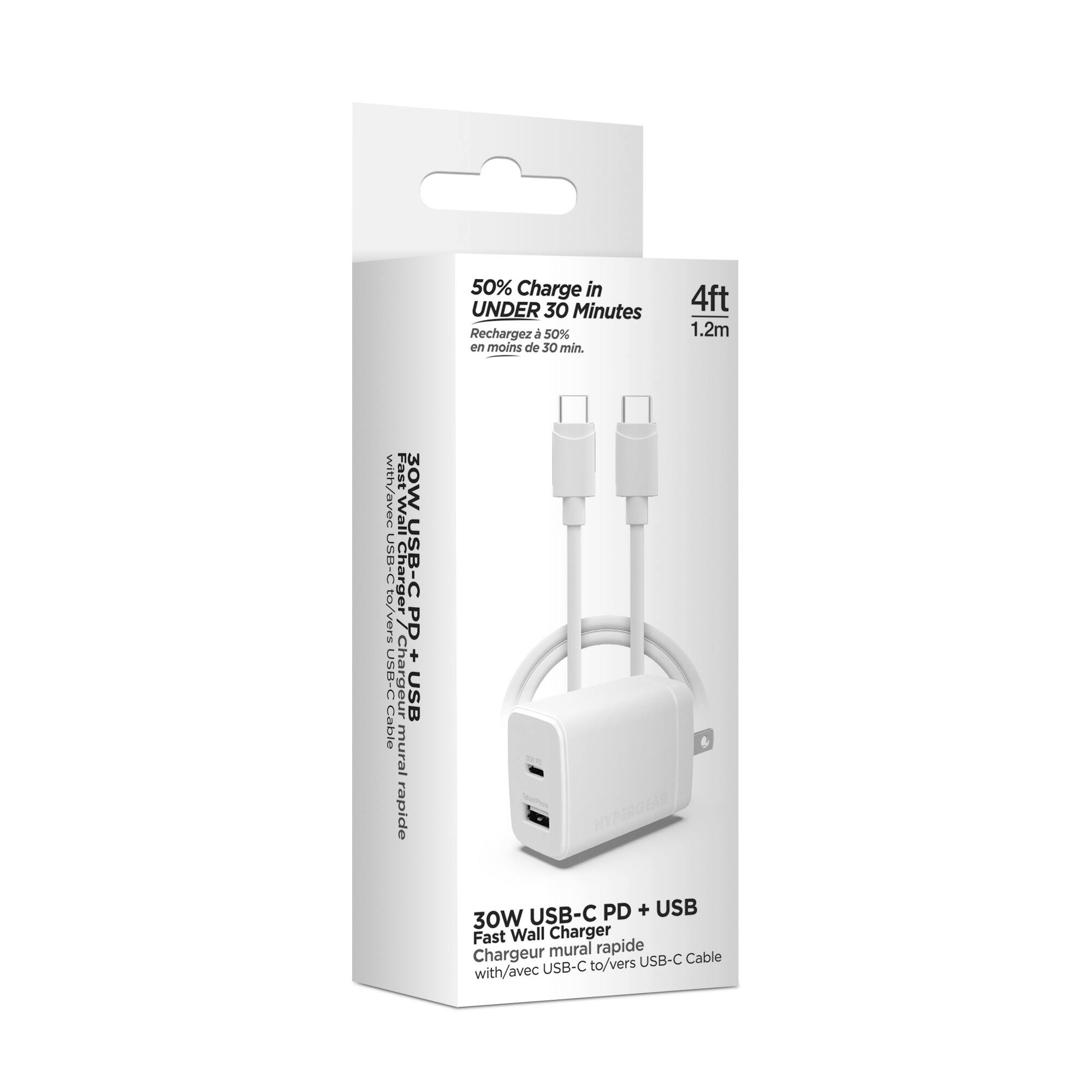 50% Charge in UNDER 30 Minutes  
Rechargez à 50% en moins de 30 min.  

4ft 1.2m  
Fast 30W USB-C to USB-C PD Wall Charger  
Chargeur mural rapide USB-C to USB-C avec USB  

30W USB-C PD + USB  
Fast Wall Charger  
Chargeur mural rapide USB-C to USB-C