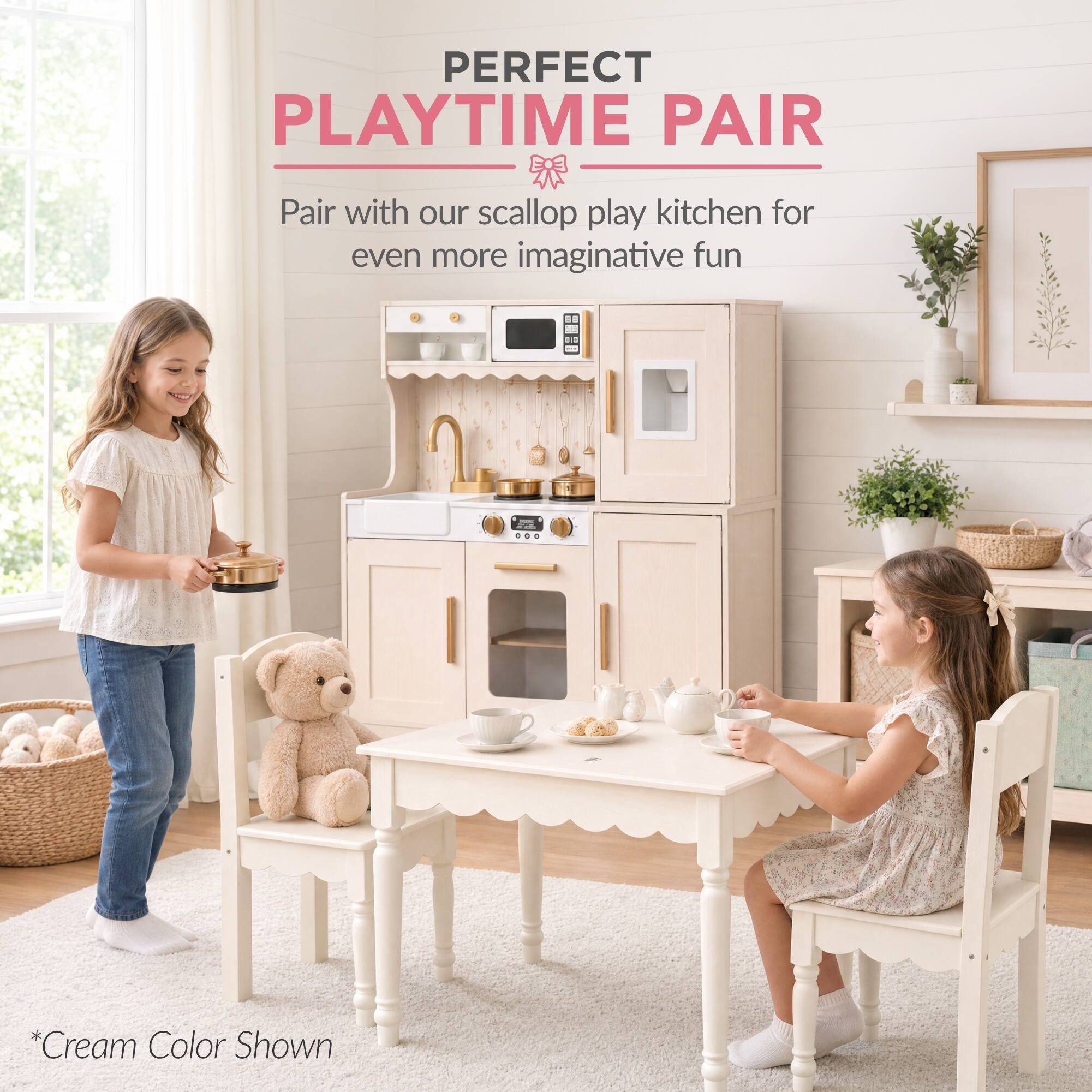 PERFECT PLAYTIME PAIR  
Pair with our scallop play kitchen for even more imaginative fun  
*Cream Color Shown