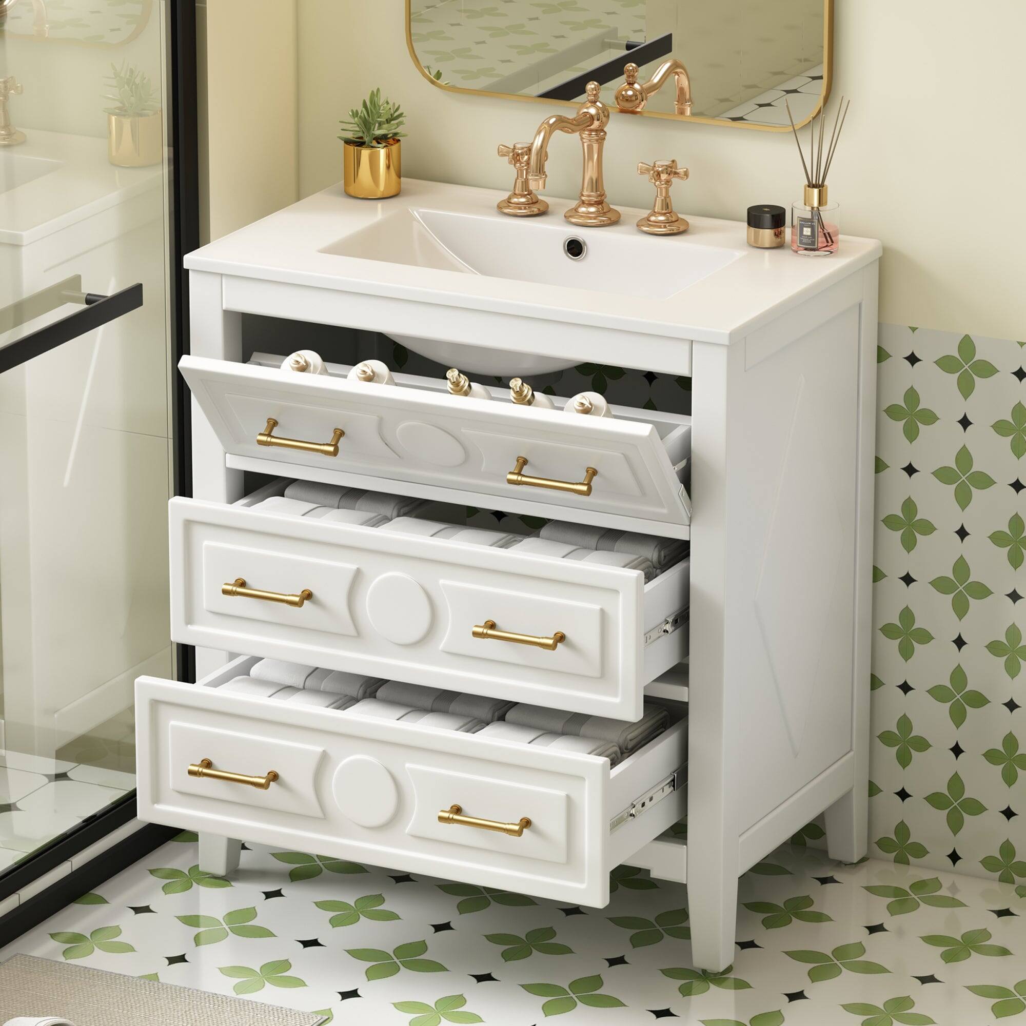 Alt View 2. Boyel Living - 30 Inch Retro Bathroom Vanity with Ceramic Sink and Three Drawers White - White.