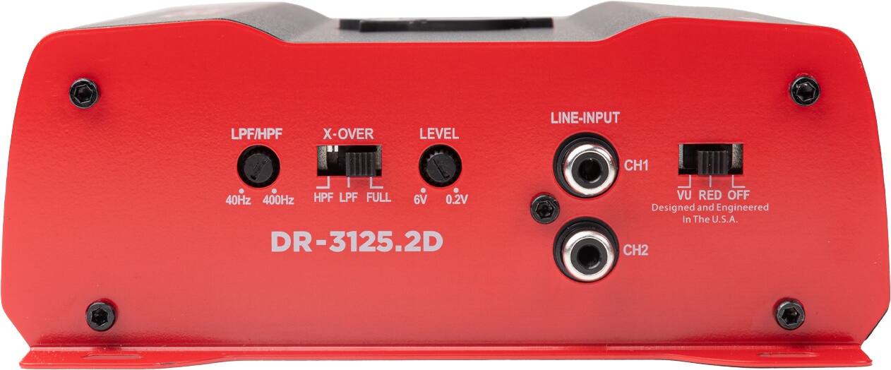 The text on the image reads:

DR-3125.2D VU RED OFF Designed and Engineered In The U.S.A. CH1 40Hz 400Hz HPF LPF FULL 6V 0.2V CH2