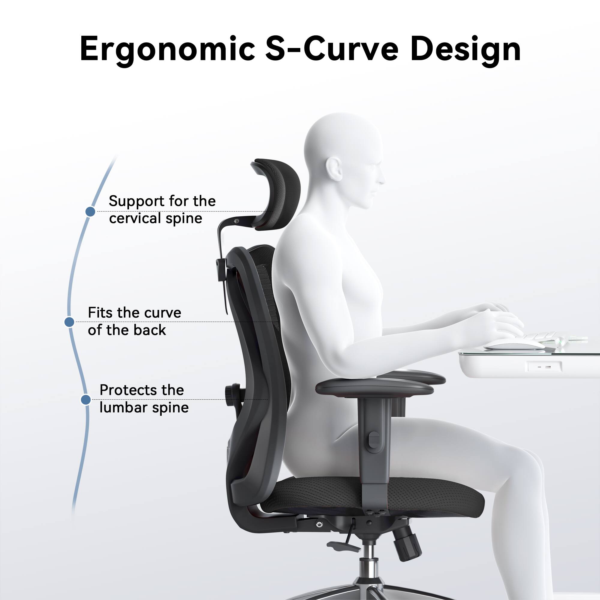 Ergonomic S-Curve Design, Support for the cervical spine, Fits the curve of the back, Protects the lumbar spine