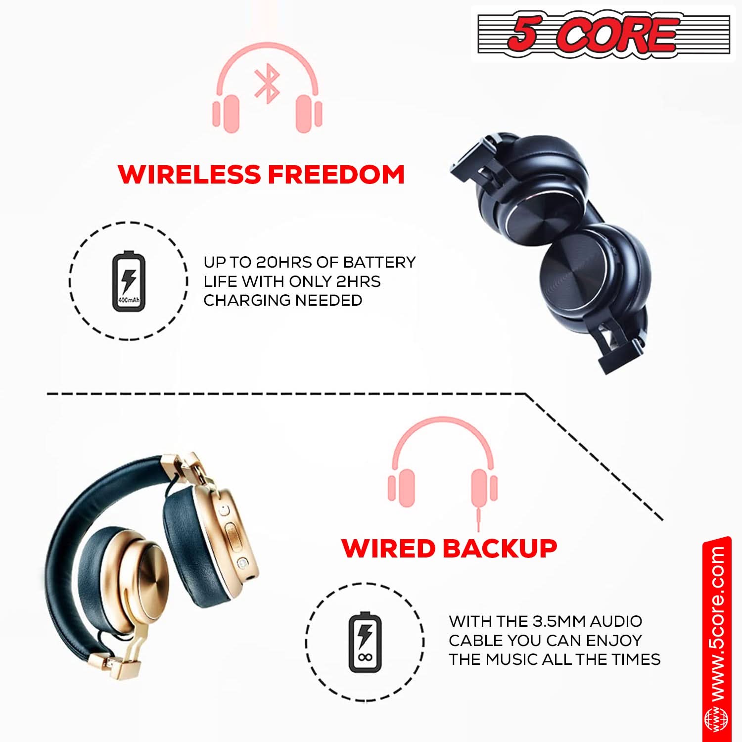5 CORE

WIRELESS FREEDOM
- UP TO 20HRS OF BATTERY LIFE WITH ONLY 2HRS CHARGING NEEDED

WIRED BACKUP
- WITH THE 3.5MM AUDIO CABLE YOU CAN ENJOY THE MUSIC ALL THE TIMES

www.5core.com