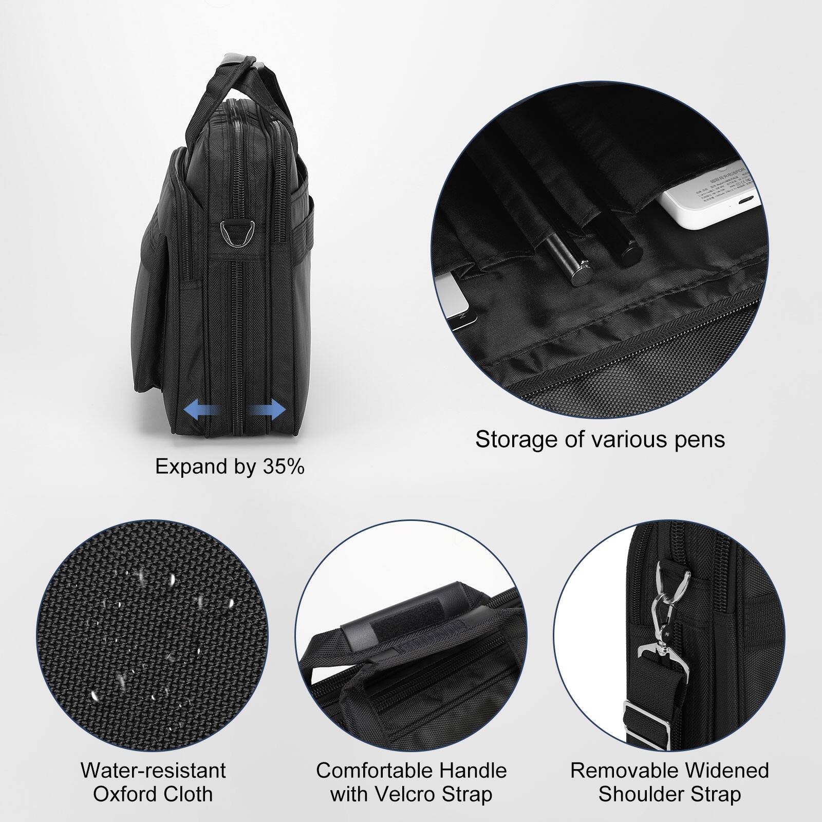 - Expand by 35%
- Storage of various pens
- Water-resistant Oxford Cloth
- Comfortable Handle with Velcro Strap
- Removable Widened Shoulder Strap