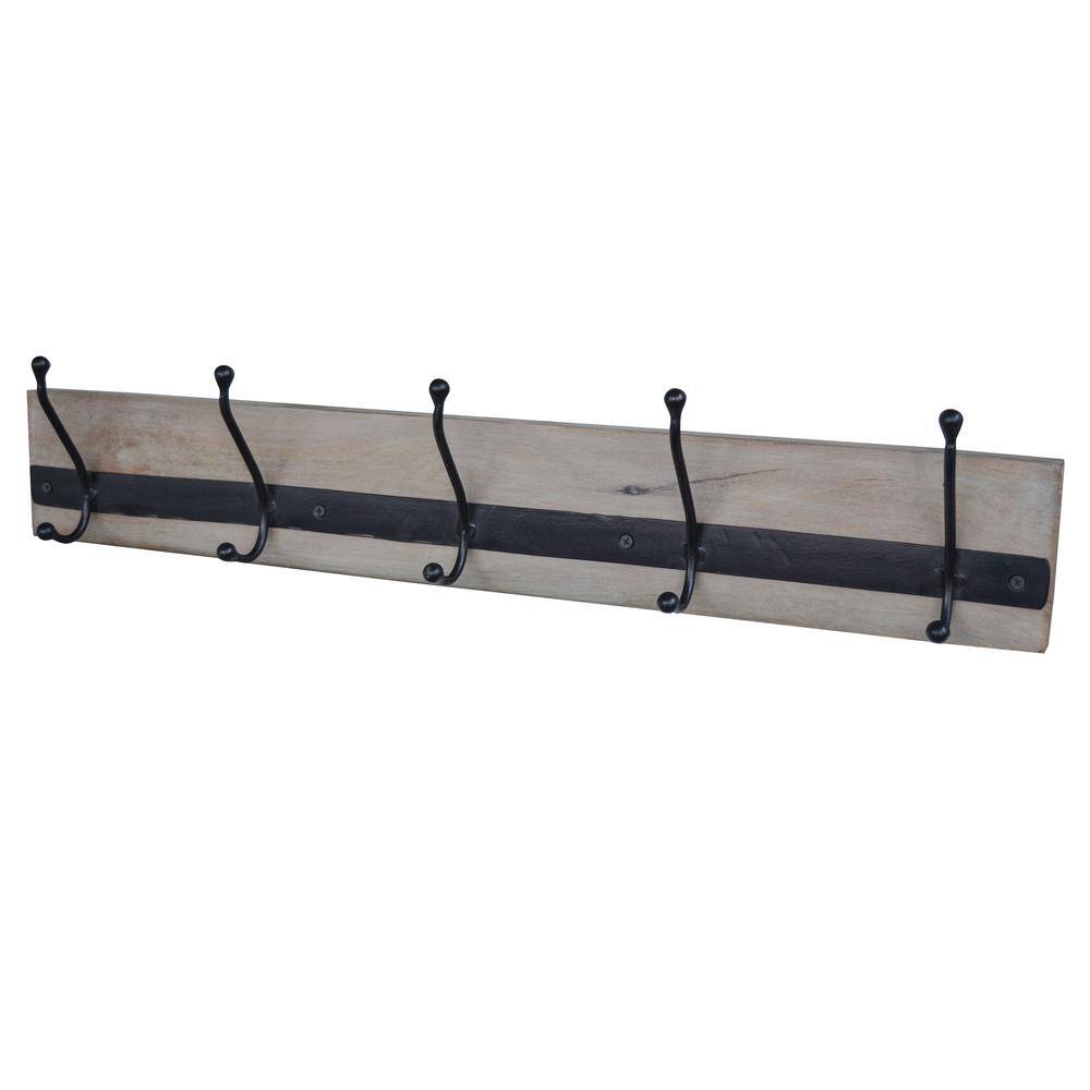 Left. AmeriHome - 28" Mango Wood Coat Hanger with Iron Hooks - Light Wood, Black.