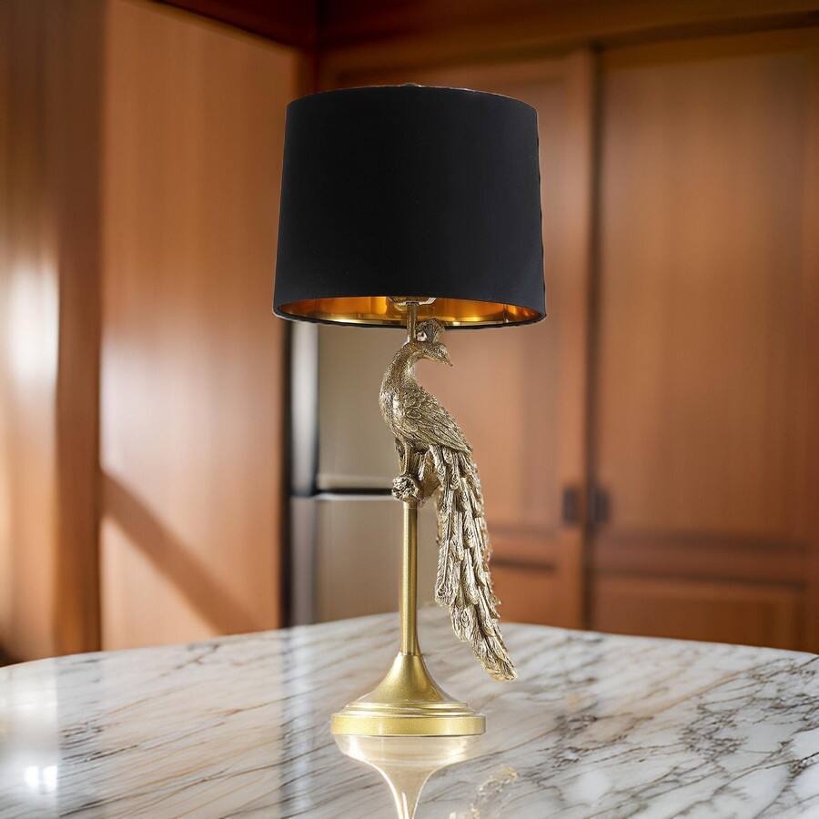 Alt View 2. Manhattan Lane - 29 Inch Peacock Table Lamp, Polyresin Sculpture, Drum Shade - Black, Gold.