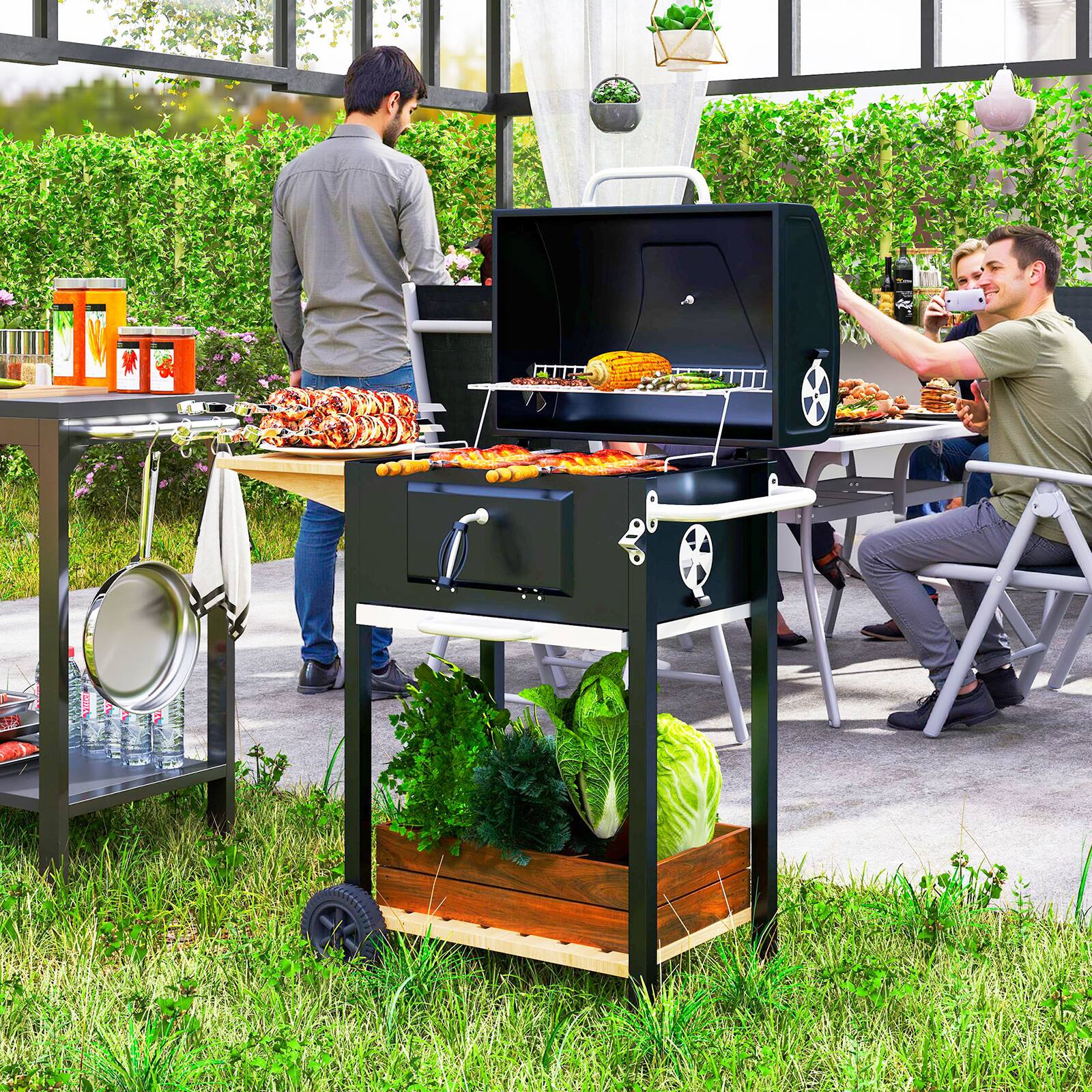 Alt View 1. Chateau Abodes - Portable Charcoal Grill with Side Table, Bottom Shelf, Wheels & Handle for Camping & Backyard Picnic - Black.