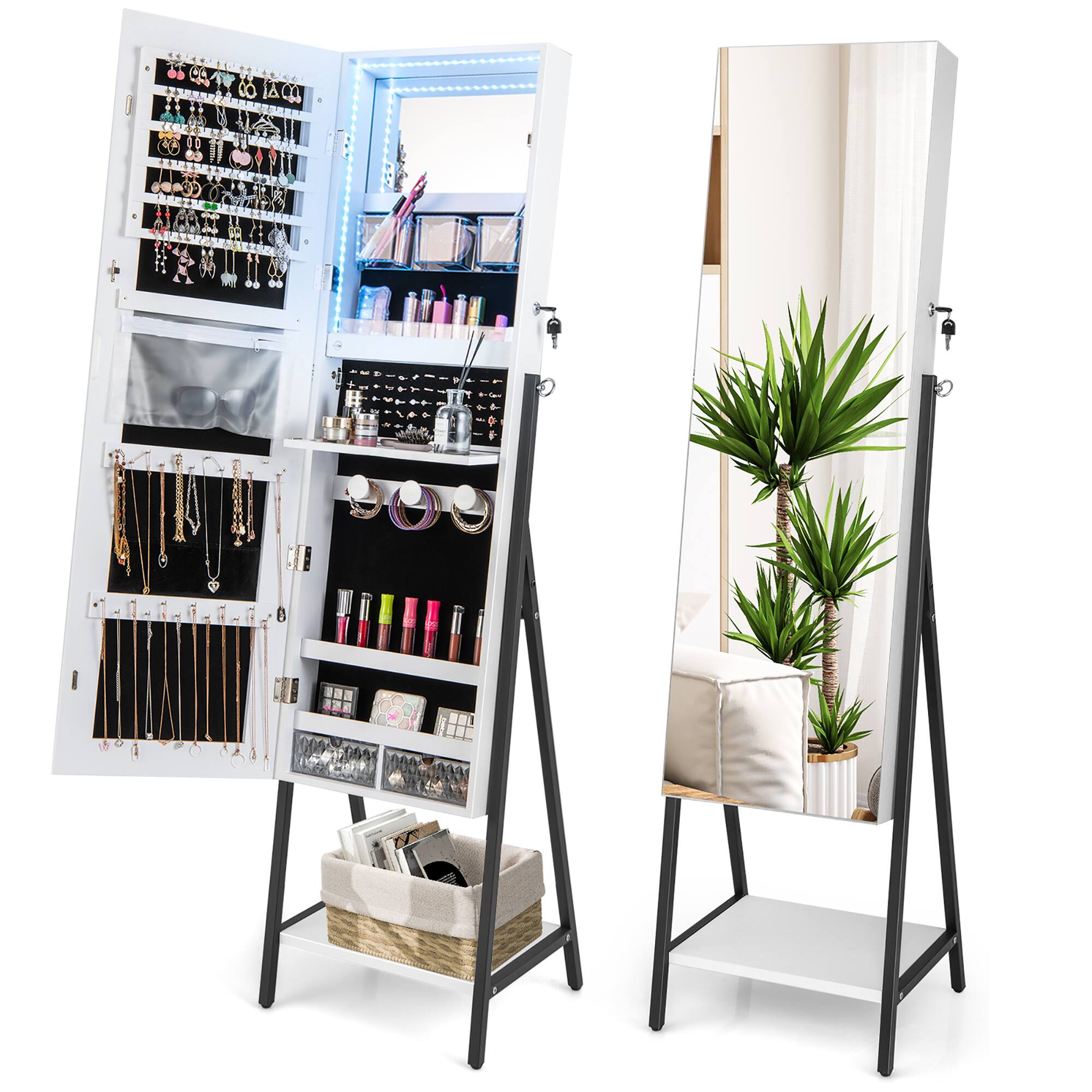Costway - Jewelry Cabinet Armoire 3 Color LED Modes Full-Length Frameless Mirror Lockable - White