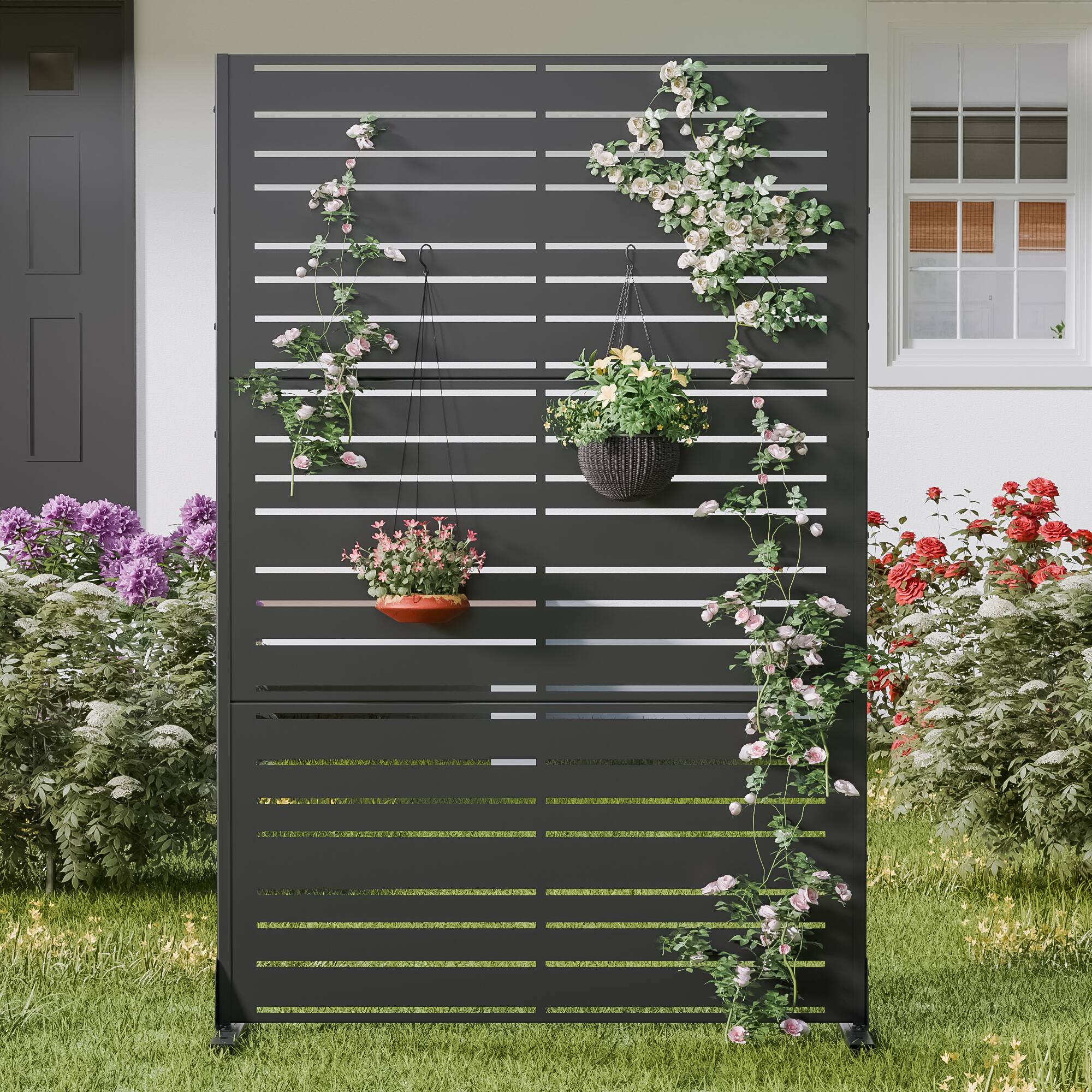 Alt View 1. PexFix - 72 in. x 47 in. Benjamin Pattern Metal Outdoor Privacy Screen & Panels, Freestanding Garden Divider Fence - Black.
