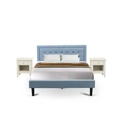 Front. East West Furniture - FN11Q-2GA0C 3-Piece Fannin Queen Bedroom Set with 1 Modern Bed and 2 Night Stands for Bedrooms - Denim Blue Linen Fabric - Denim Blue.