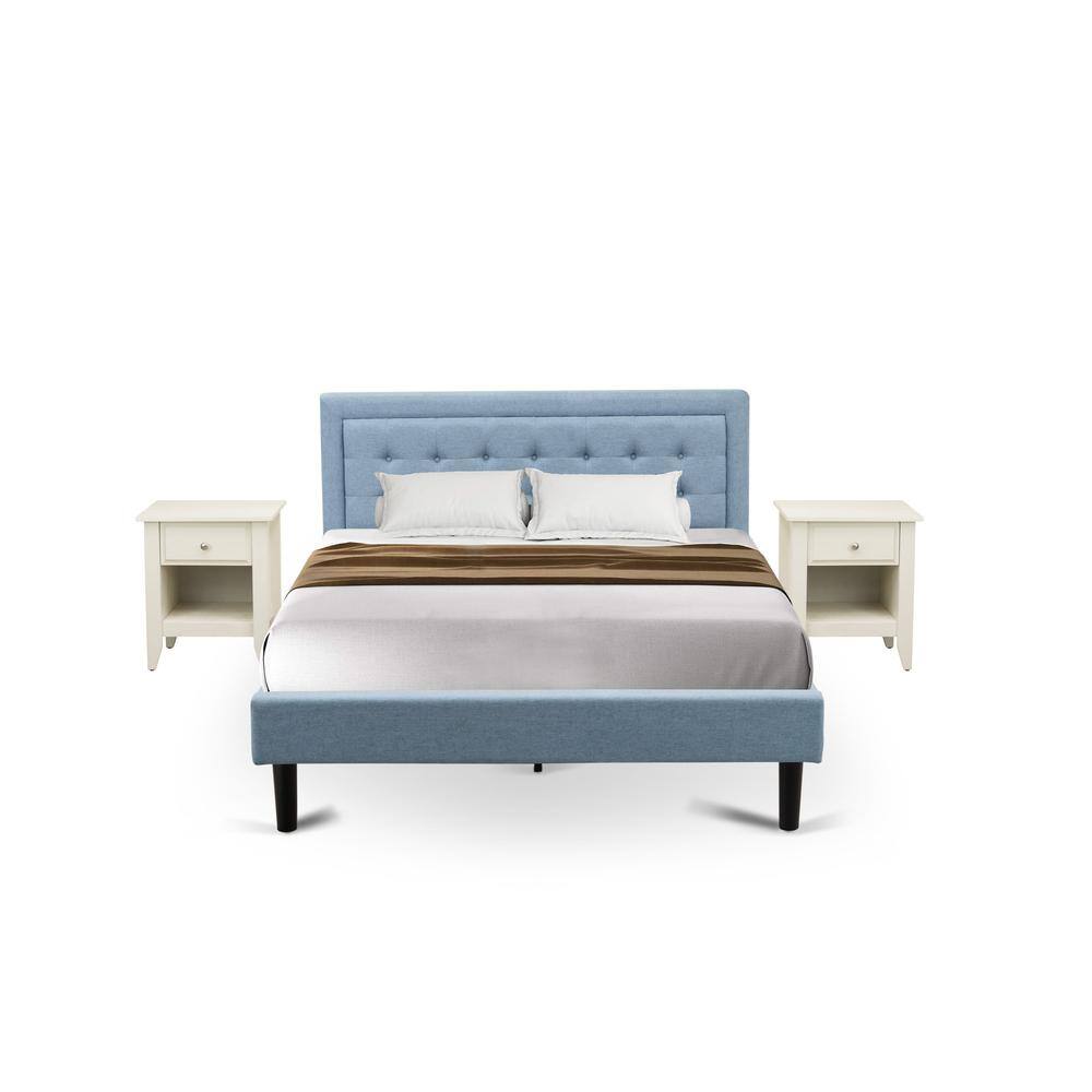 Front. East West Furniture - FN11Q-2GA0C 3-Piece Fannin Queen Bedroom Set with 1 Modern Bed and 2 Night Stands for Bedrooms - Denim Blue Linen Fabric - Denim Blue.