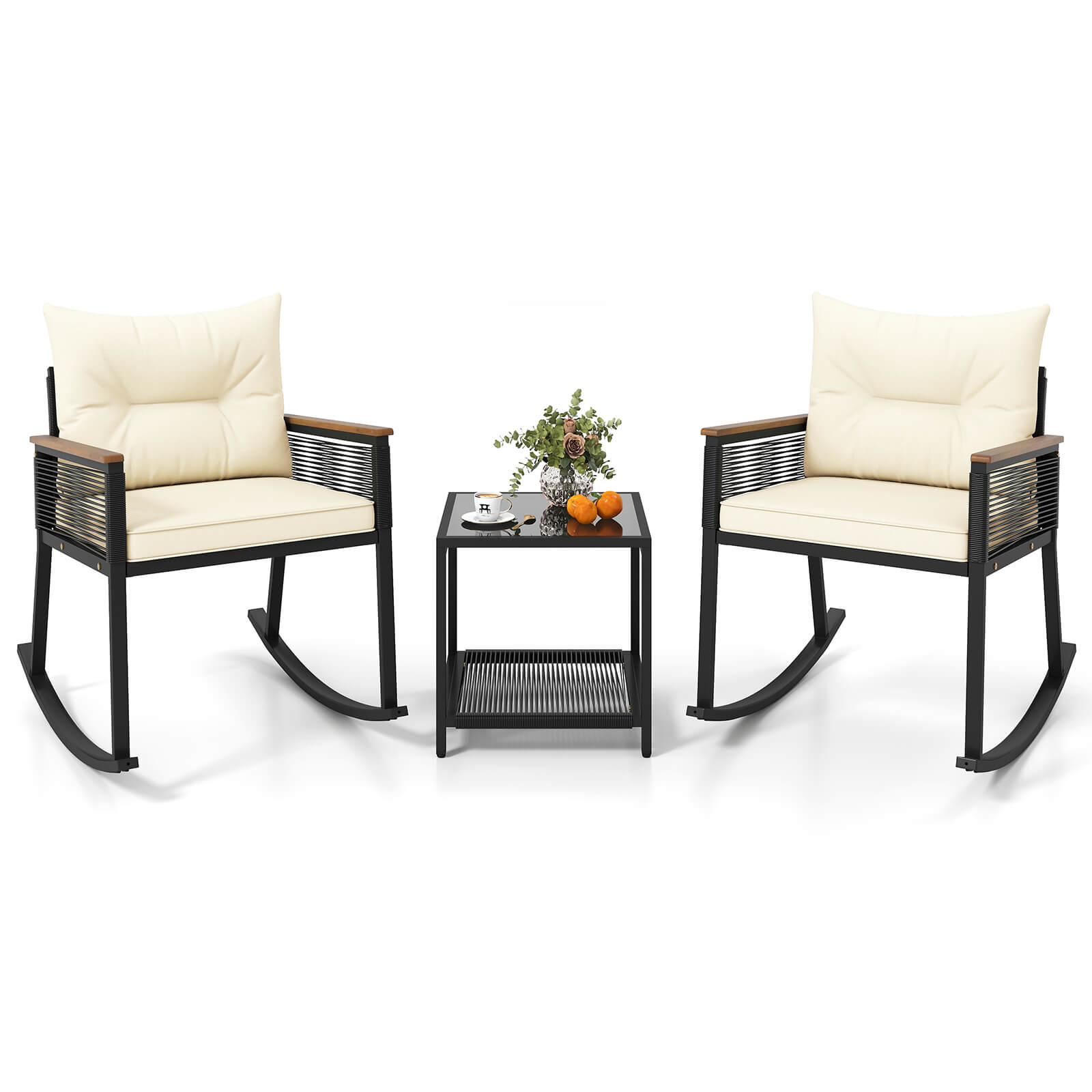 Alt View 9. Costway - Costway 3 PCS Outdoor Rocking Bistro Set with 2-Tier Coffee Table, Acacia Wood Armrests - Black+Beige.