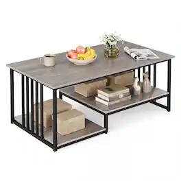 Gymax - 2-Tier Coffee Table 43.5'' Industrial Rectangle Center Table w/Open Storage Shelf Oak - Black