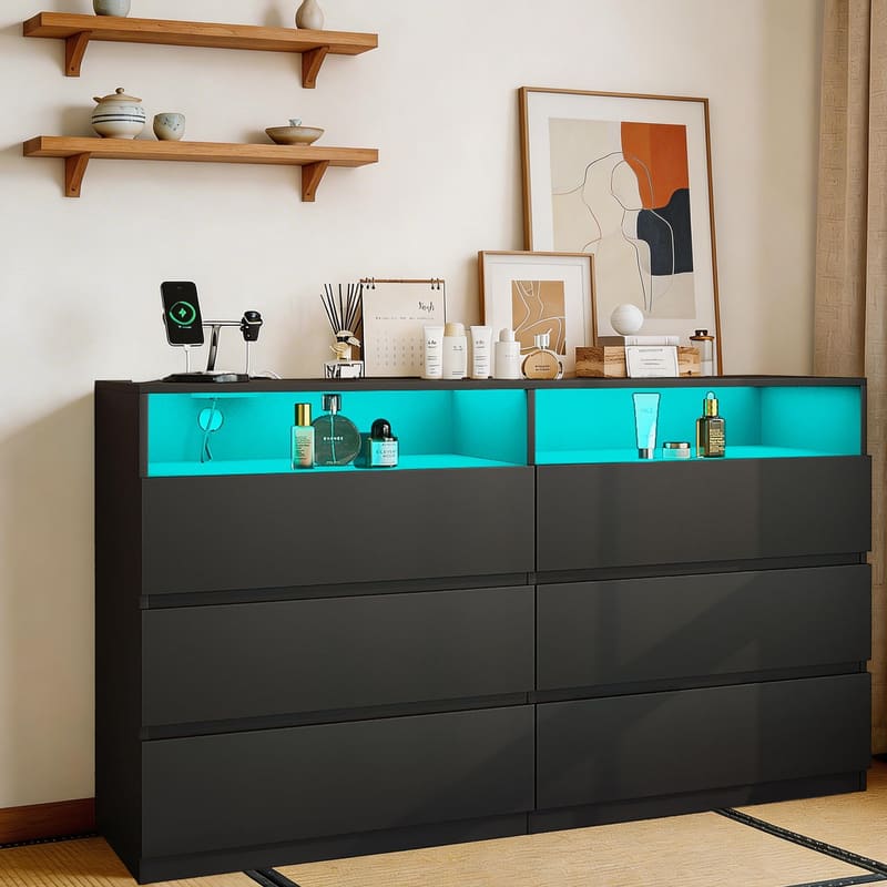 Dyonery - 6 Drawer Dresser with Power Outlet, Dresser with LED Light, Modern Chest of Drawers for Closet - White price history on PriceWatchPro