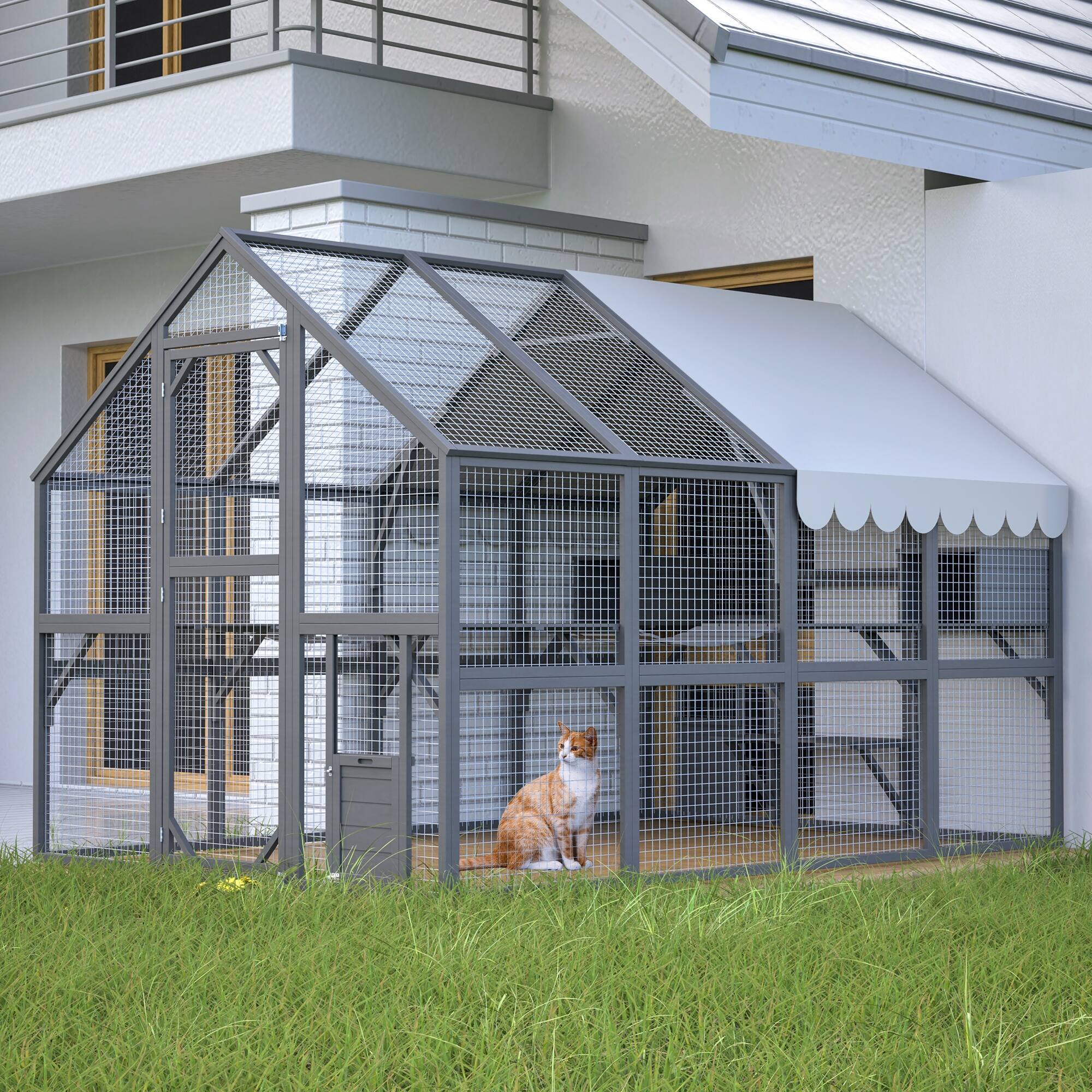 Angle. Boyel Living - Extra-Large Outdoor Cat Enclosure with Platforms - Grey.
