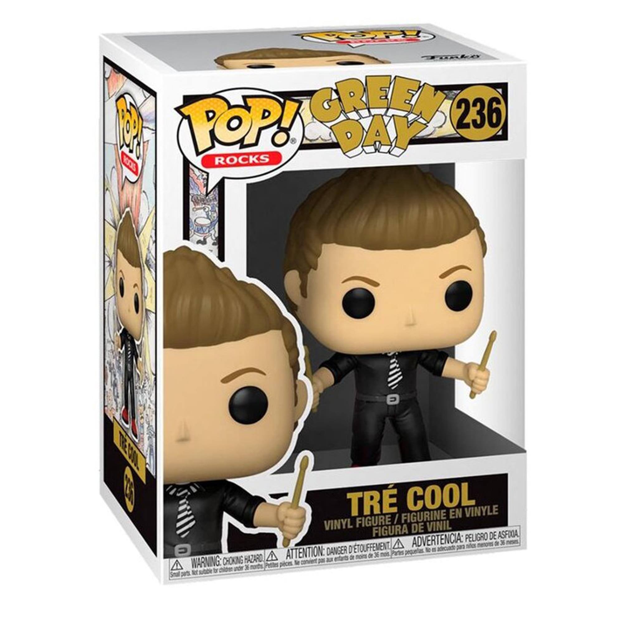 **Front:**
- POP! Rocks
- Green Day 236
- Tre Cool
- Vinyl Figure / Figurine en Vinyle / Figura de Vinil
- Warning: Choking Hazard - Small parts. Not for children under 3 years. / Attention: Danger d'étouffement - Petite pièce. Ne convient pas aux enfants de moins de 3 ans. / Advertencia: Peligro de asfixia - Piezas pequeñas. No es adecuado para menores de 3 años.

**Side:**
- The Cool
- (Image of the character)

**Top:**
- POP! Rocks
- Green Day 236