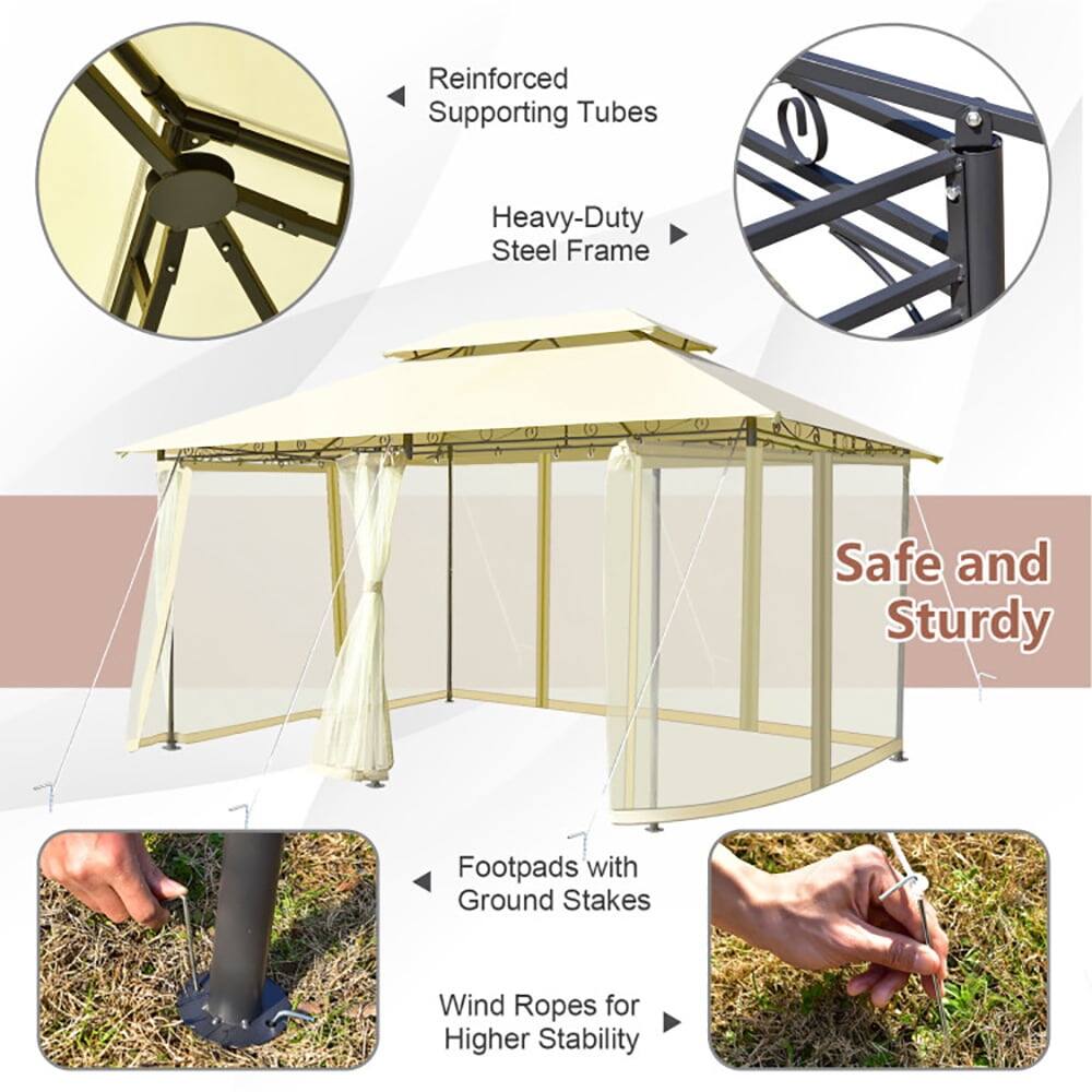 Reinforced Supporting Tubes  
Heavy-Duty Steel Frame  
Safe and Sturdy  
Footpads with Ground Stakes  
Wind Ropes for Higher Stability