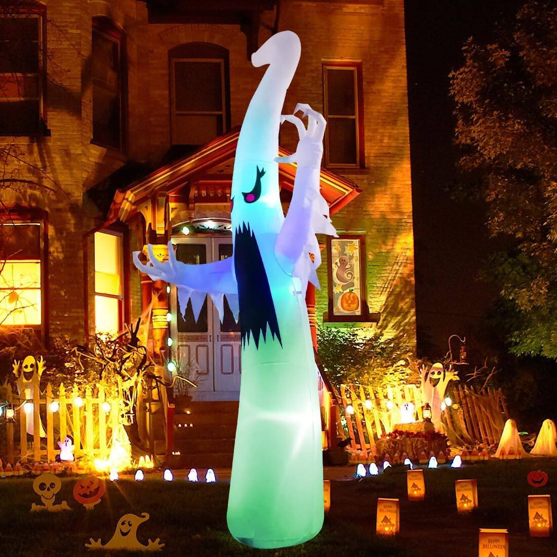 Back. GOOSH Inflatables - GOOSH 12FT Tall Inflatable Halloween Ghost Yard Decoration, Rainbow Color-LED Lights - White.