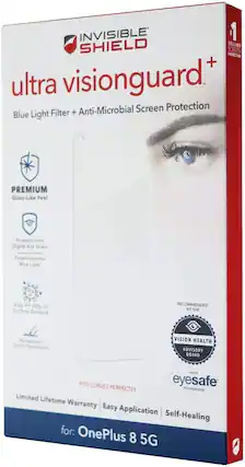 INVISIBLE SHIELD
ultra visionguard+
Blue Light Filter + Anti-Microbial Screen Protection
PREMIUM Glass-Like Feel
Protects from Digital Eye Strain
Filters Harmful Blue Light
Kills 99% of Surface Bacteria
Advanced Touch Sensitivity
RECOMMENDED BY THE VISION HEALTH ADVISORY BOARD
eyesafe TECHNOLOGY
FITS CURVES PERFECTLY
Limited Lifetime Warranty
Easy Application
Self-Healing
for: OnePlus 8 5G